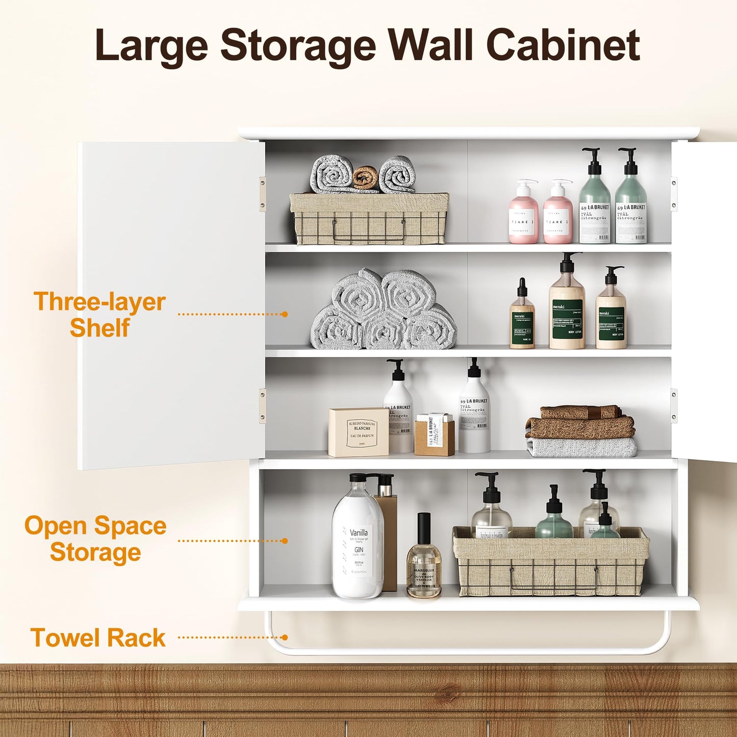 RoyalCraft Bathroom Wall Cabinet with Mirror, Over the Toilet Storage Cabinet with Towel Rack and Adjustable Shelf, Large Bathroom Medicine Cabinet Wall Mount 22x25 inch (White)