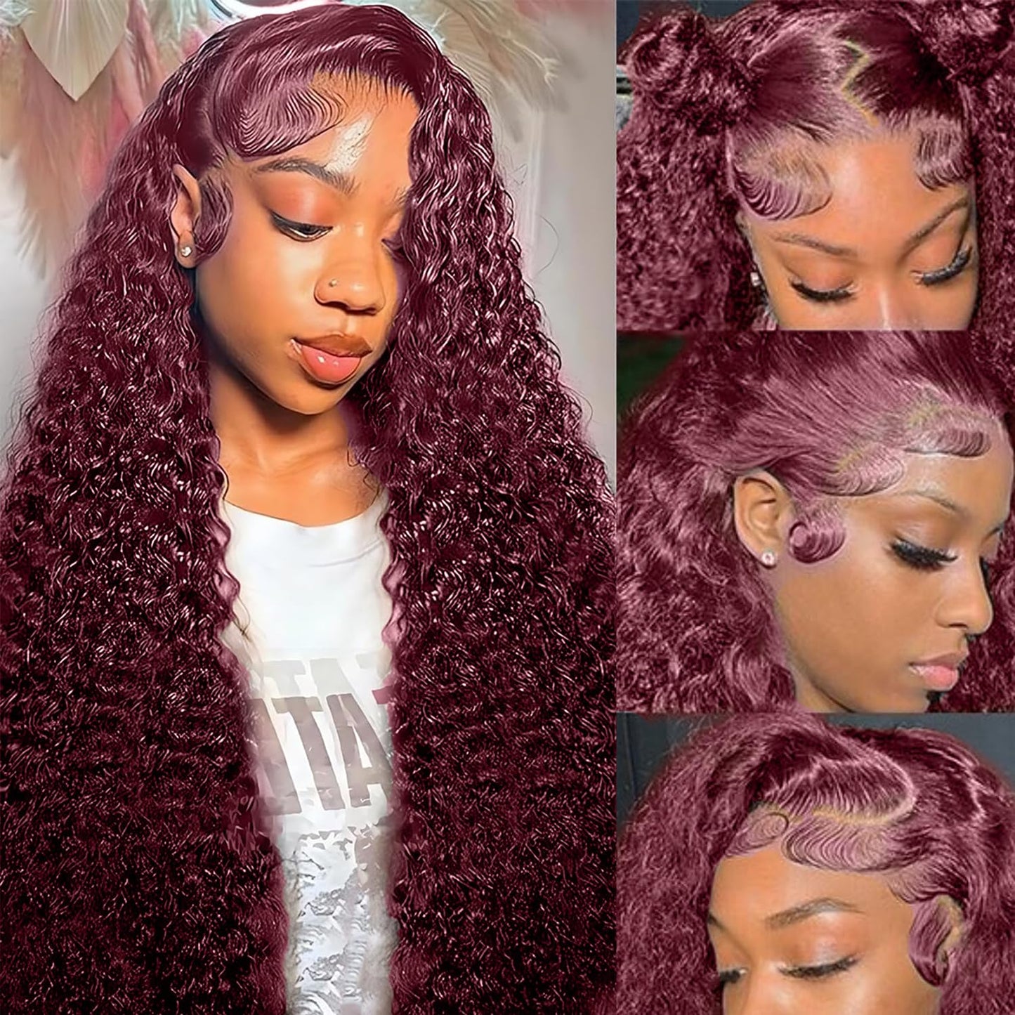 Kivolin 99j Burgundy Lace Front Wigs Human Hair 28 Inch Deep Wave Lace Front Wigs Human Hair Pre Plucked Red Curly Human Hair Wig 13x4 HD Colored Frontal Glueless Wet and Wavy Loose Deep Wave