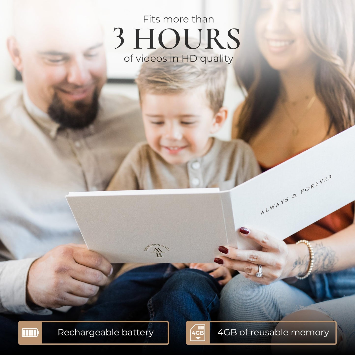 The Motion Books (ALWAYS & FOREVER - BLACK FOIL) | Luxury Linen Bound Video Book | Black foil letter stamping | Up to 3 hours of video, 7” IPS Display, 4GB of memory & Rechargeable Battery