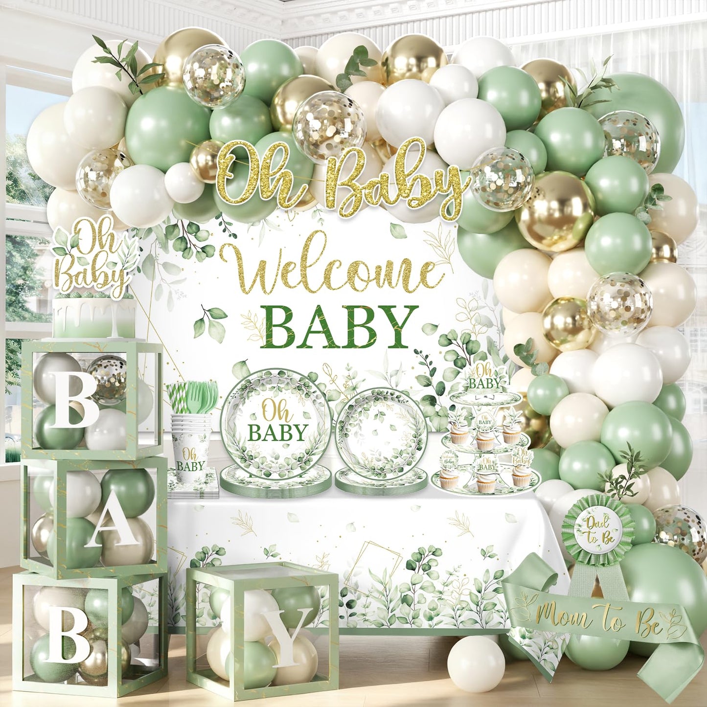 Fexivo 286 Pcs Sage Green Baby Shower Decorations Set-Serves 25 Guests -All-in-One Gender Neutral Party Supplies Kit Includes Balloon Arch, Backdrop, Tableware Set, and Sash