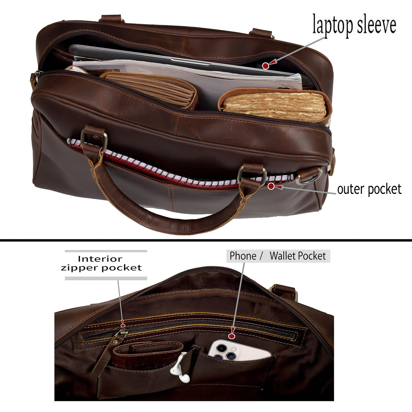 Premium Leather Briefcase for Men and Women, Full Grain Cow Leather Laptop Sleeve Gift, Handcrafted Laptop Bag with Multiple Compartments and Brass Hardware