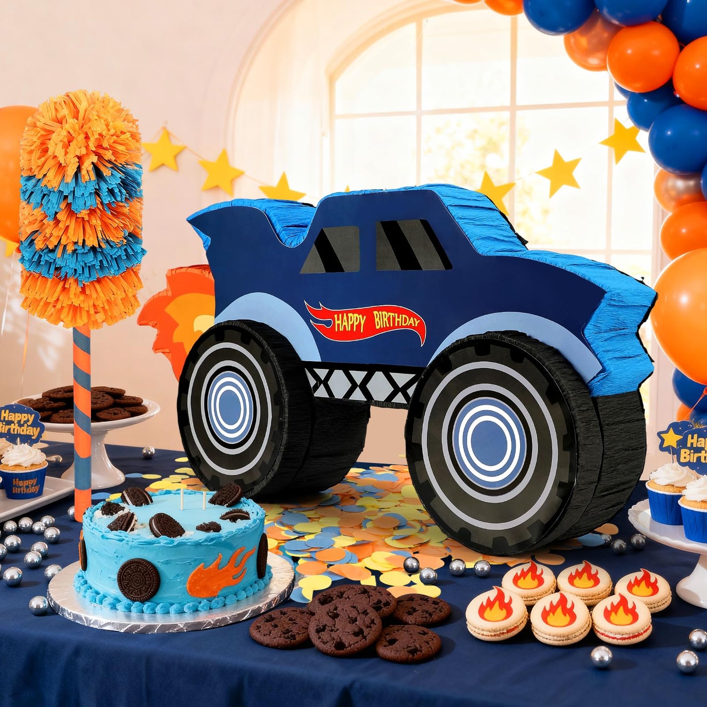 27" Race Car Piñata, Monster Truck Pinata Bundle with Blindfold and Bat Party Favors for Kids Boys Exciting Party Games Supplies