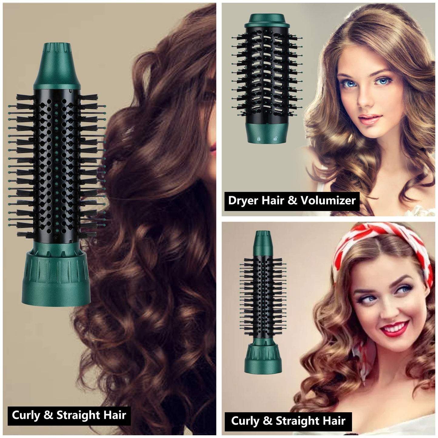 Sinperne Hair Dryer Brush, 3 in 1 Interchangerable Hair Dryer & Volumizer, Ceramic Negative Ion Curling Dryer Styler Brush with 3 Brush Heads (Green)