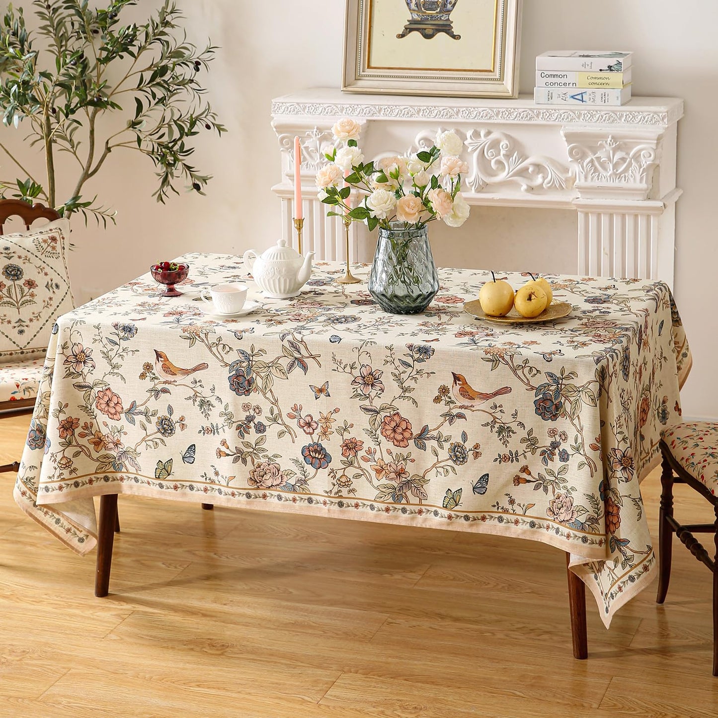 ISAENNE French Tablecloth for Rectangle Tables,Linen Table Cloth with Flowers and Birds Pattern,Heavy Durable Table Cover for Dining Thanksgiving Kitchen Decor Party Banquet Christmas,63"*110"