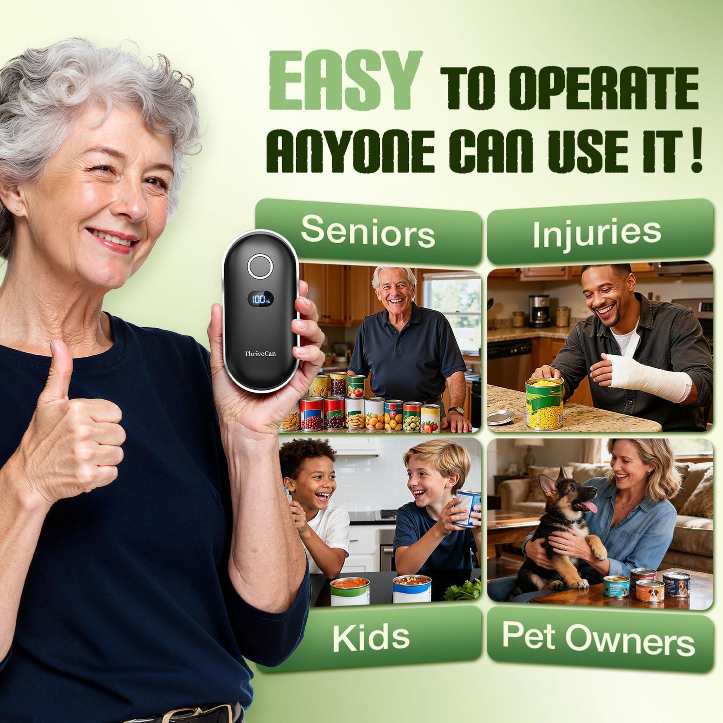 Thrivecan Rechargeable Electric Can Opener, One-Touch Automatic Can Opener with Smooth Edge, Effortless Can Opener for Seniors, Arthritis, Weak Hands, Home, Ideal Kitchen Tool for Daily Use