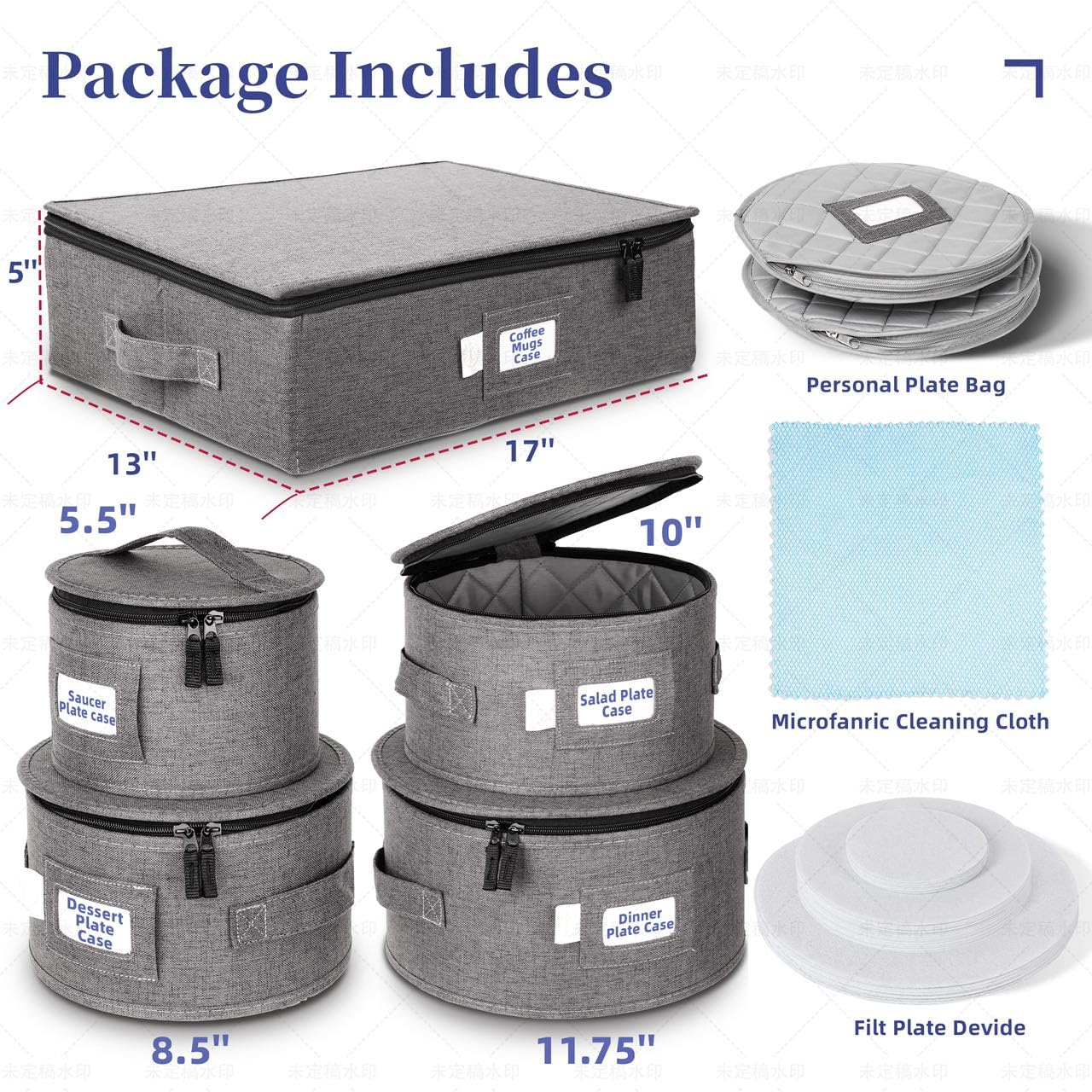 LUXULA China Storage Containers for 12 Place Setting with Two Plate Bags, 5 Pcs Hard Shell Quilted China Storage Cases for Dinner Plates, Salad Plates, Dessert Plates, Saucers, Cups & Mug Storage