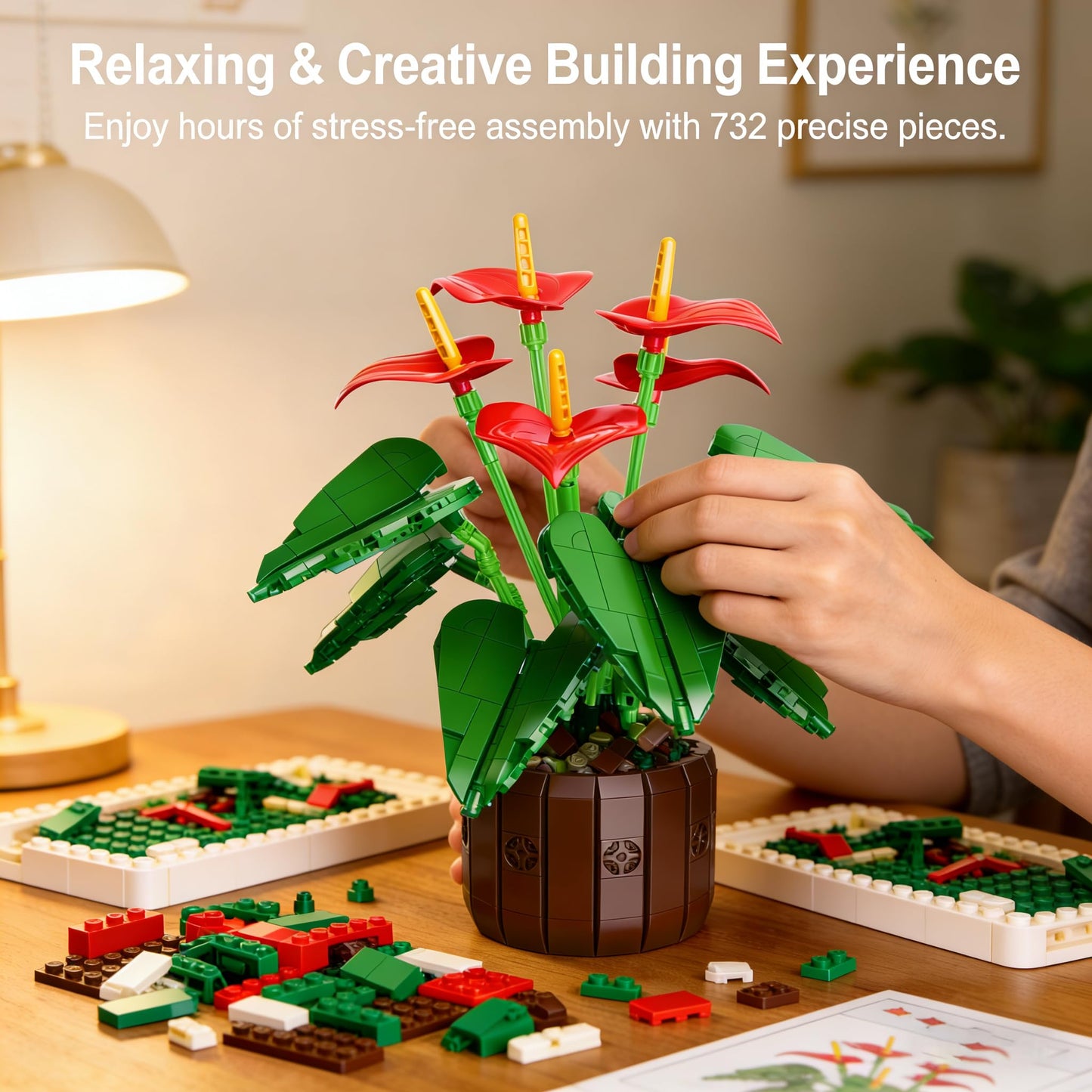 Red Anthurium Flowers Building Set with Vase for Adults, Compatible with Lego Botanicals Collection, Cute Potted Plants Desk Office Décor, Creative Flores Gift for Women Girls Teens 14+, 732 PCS
