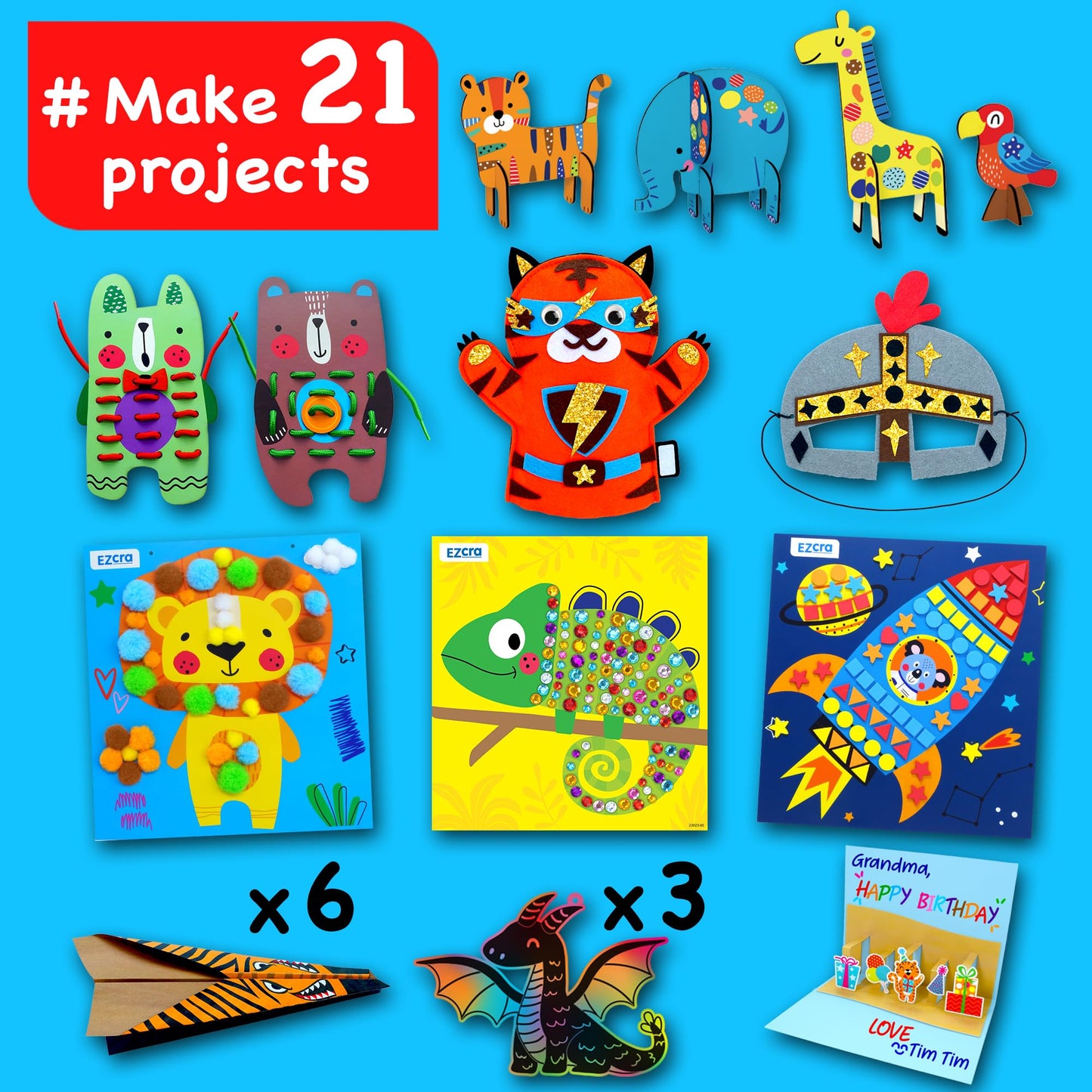 EZCRA Craft Box for Kids Ages 4-8 - 21 Projects in 1 - Arts and Crafts Kits - Complete Activity Set – No Mess Educational Preschool & Homeschool Art Projects - for Girls Boys