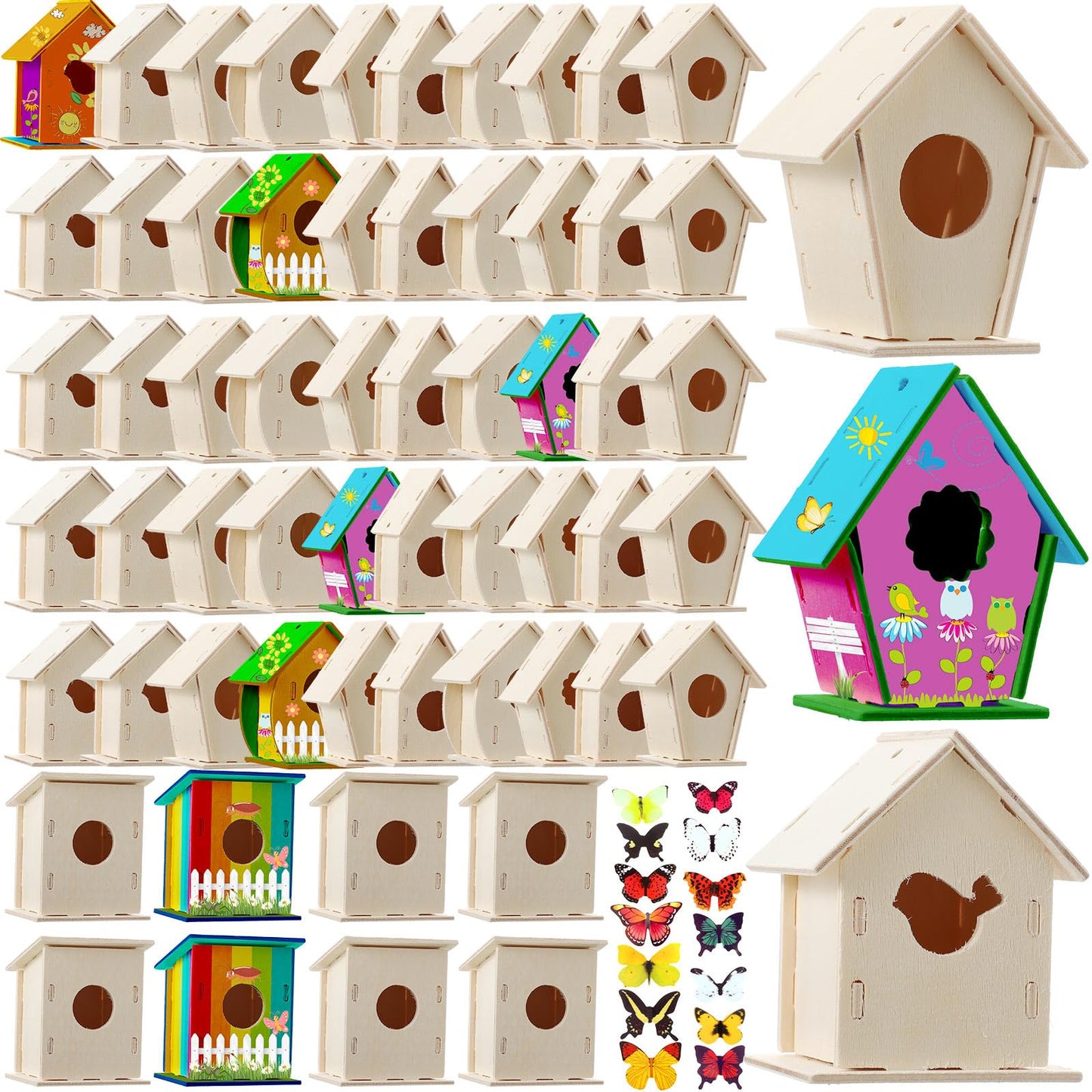 Kisston 120 Pcs Wooden Birdhouse Kits for Kids to Build and Paint DIY Bird Houses for Children Bird House Crafts in 6 Shapes and Stereoscopic Butterfly Sticker for Art Project Crafts Class Party