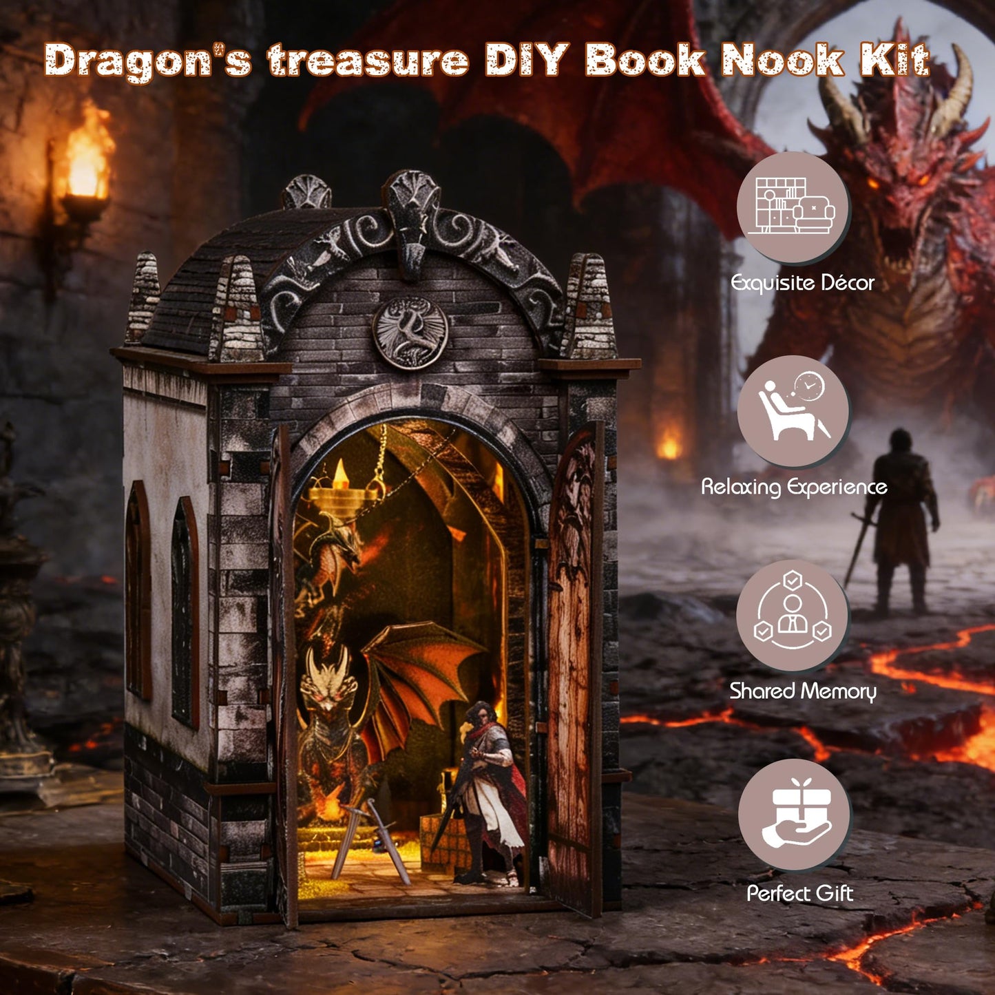 Soothee DIY Book Nook Kit with LED Lights - 3D Puzzles for Adults & Teens, Miniatures for Bookshelf Decor, Relaxing Craft & Unique Gift for Craft Lovers (Dragon's Den)
