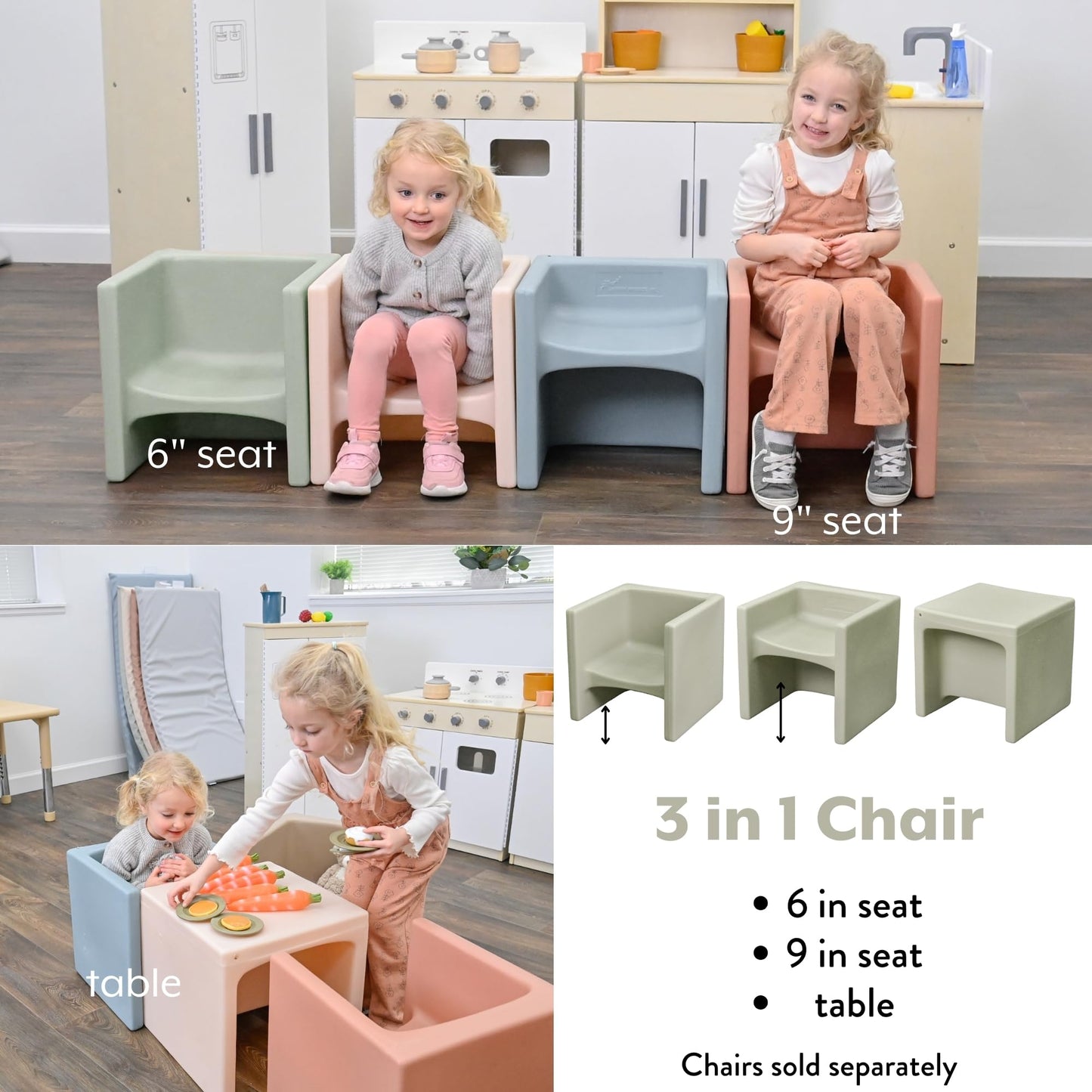 Children's Factory 3-in-1 Cube Chair for Kids, Flexible Seating Classroom Furniture, 1-Pack, Coastal Green
