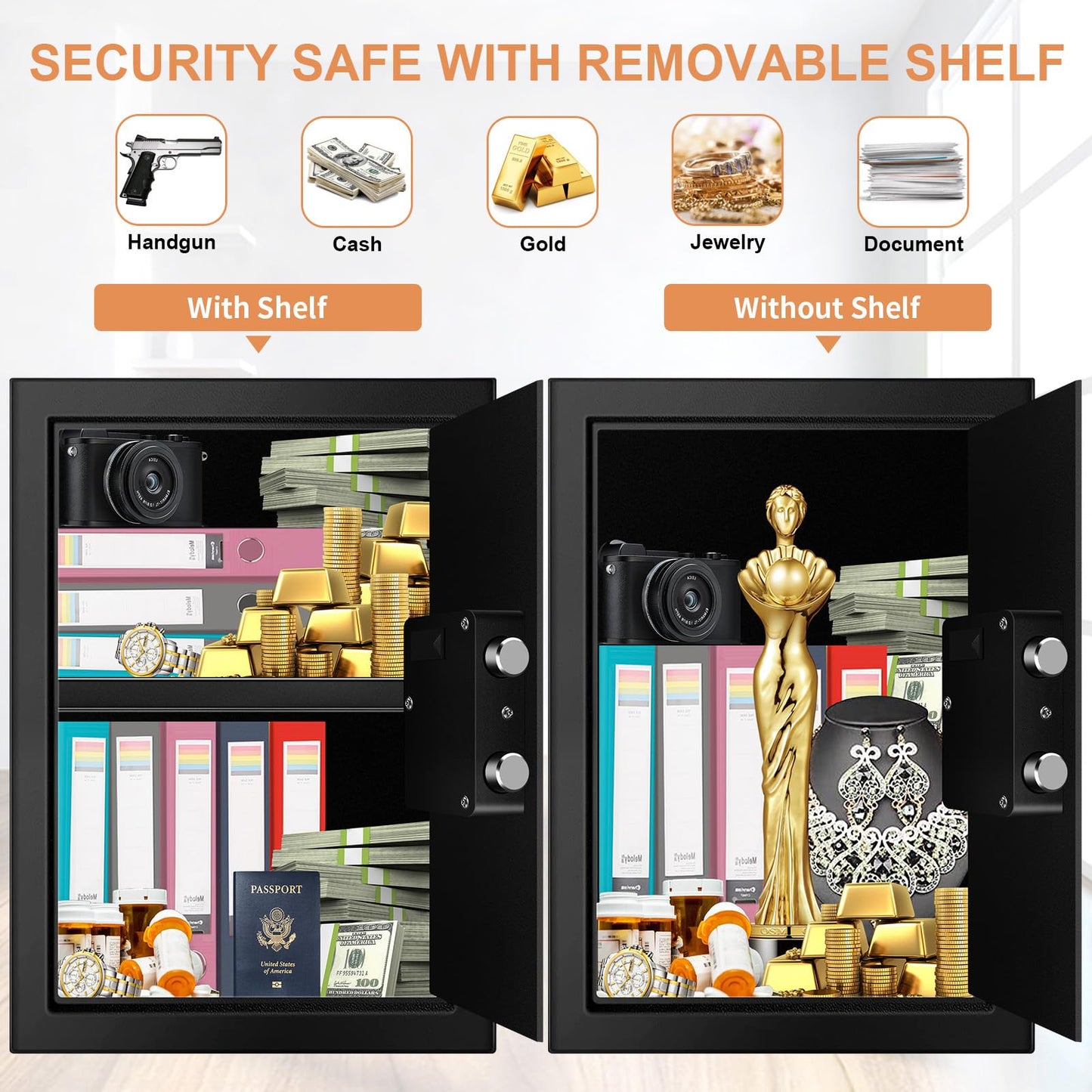 3.0 Cubic Feet Home Safe Fireproof Waterproof, Digital Home Security Safe Box with Programmable Keypad and Spare Keys, Document Safe for Money Firearms Medicine Valuables