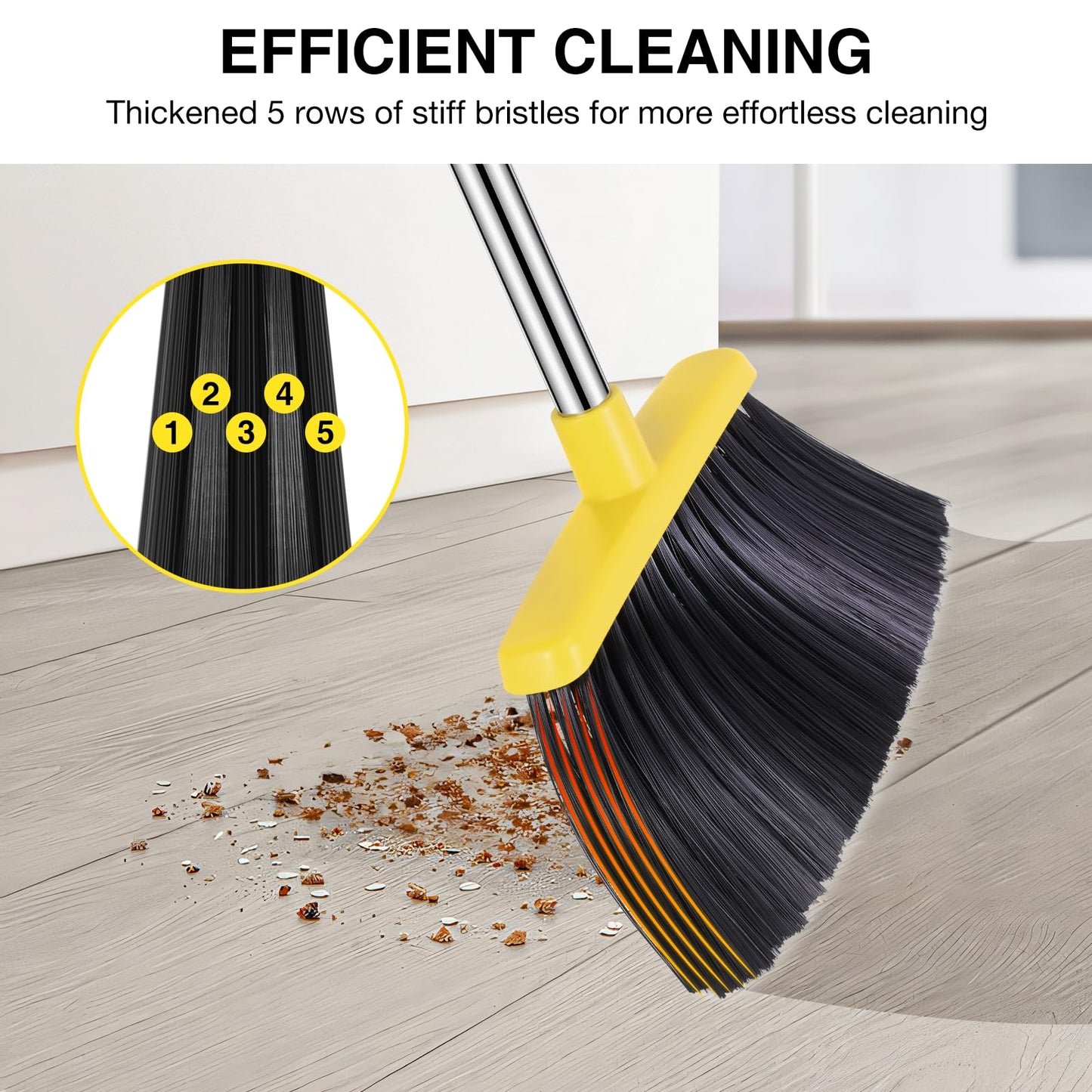 NACENA Broom and Dustpan Set, 52-in Long Adjustable Handle Broom Dustpan Combo with Dustpan Teeth to Automatically Clean Hair Suitable for Home Kitchen Office Hall Floor (Grey&Yellow), 4 Pack