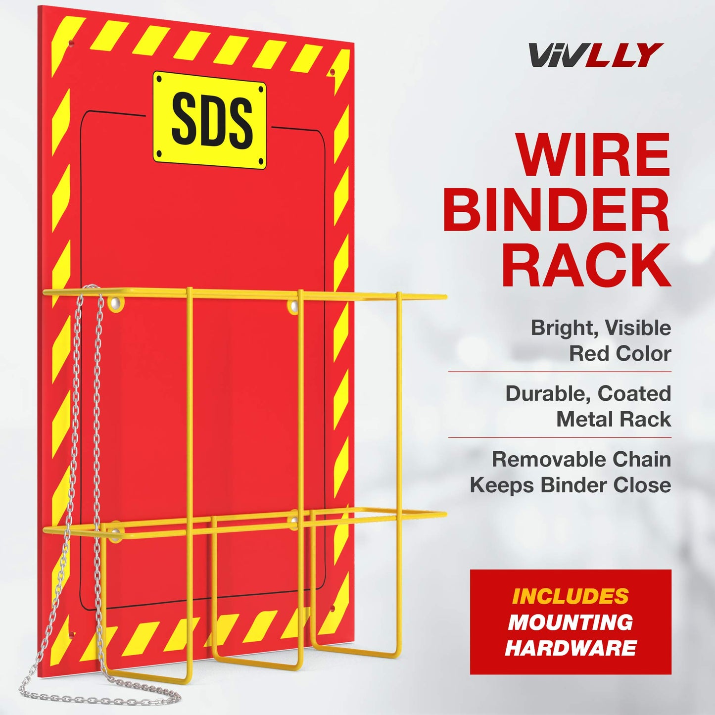 MSDS Wall Station - 3 Inch 3 Ring Material Safety Data Sheet Binder with SDS Wire Rack and Display Sign, Chain, Mounting Hardware, SDS Poster, MSDS Labels - Bilingual Heavy Duty OSHA Yellow Binder