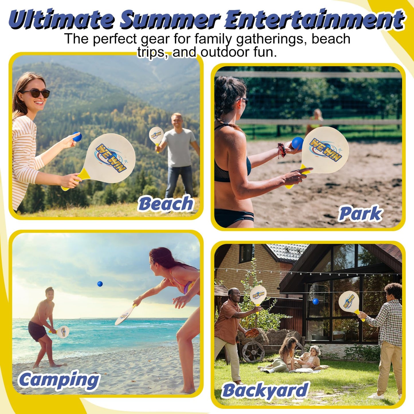 Junkin 4 Pairs Beach Paddle Ball Racket Set with 8 Rackets 4 Paddle Ball and 4 Drawstring Bag Paddleball Rackets for Indoor Outdoor Beach Game Yard Lawn Party Supplies