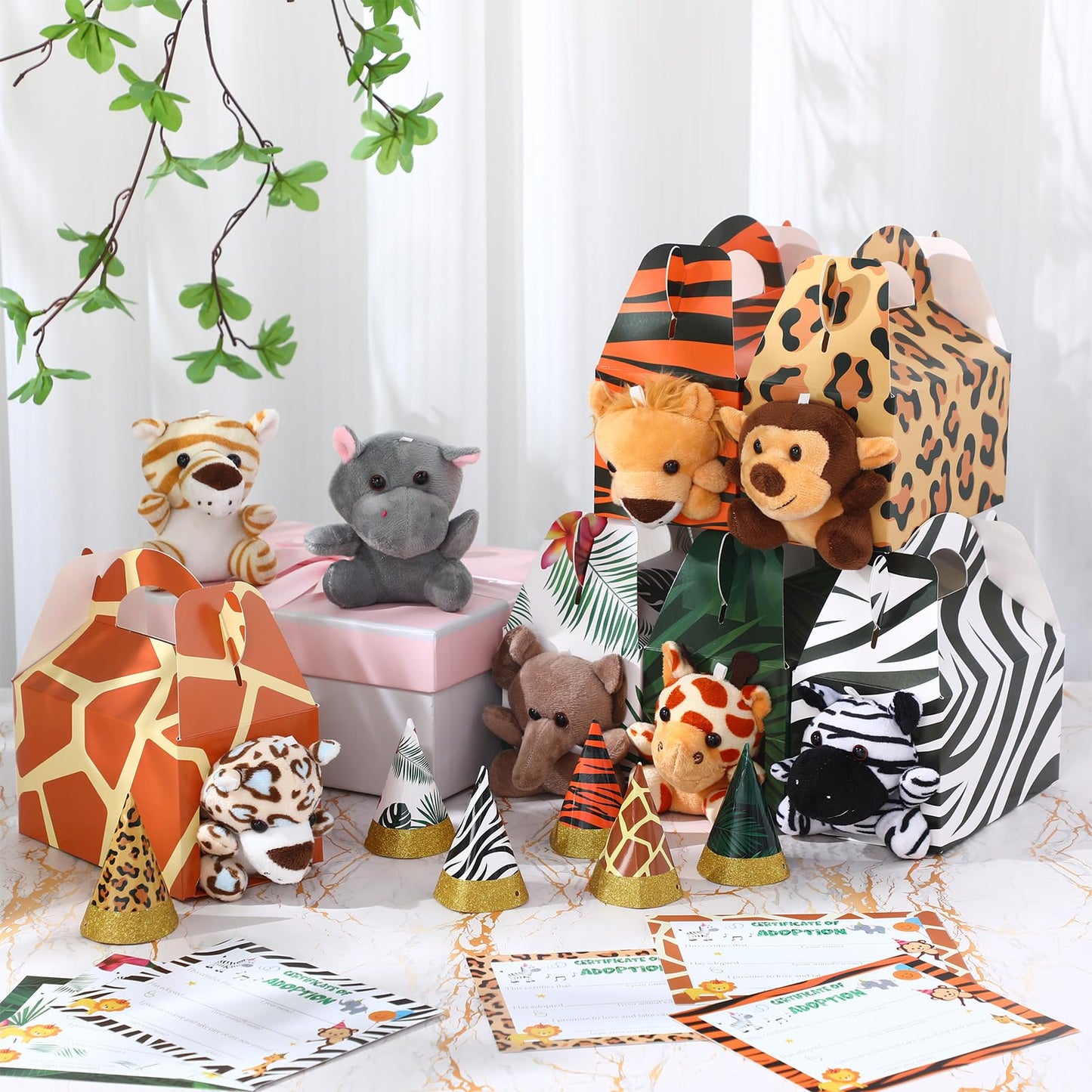 VioraWhite 18 Sets Adopt a Jungle Animal Supplies Include 18 Mini Jungle Stuffed Animal 18 Mini Party Hats 18 Adoption Certificate 18 Kraft Boxes for Safari Themed Birthday Party Gifts