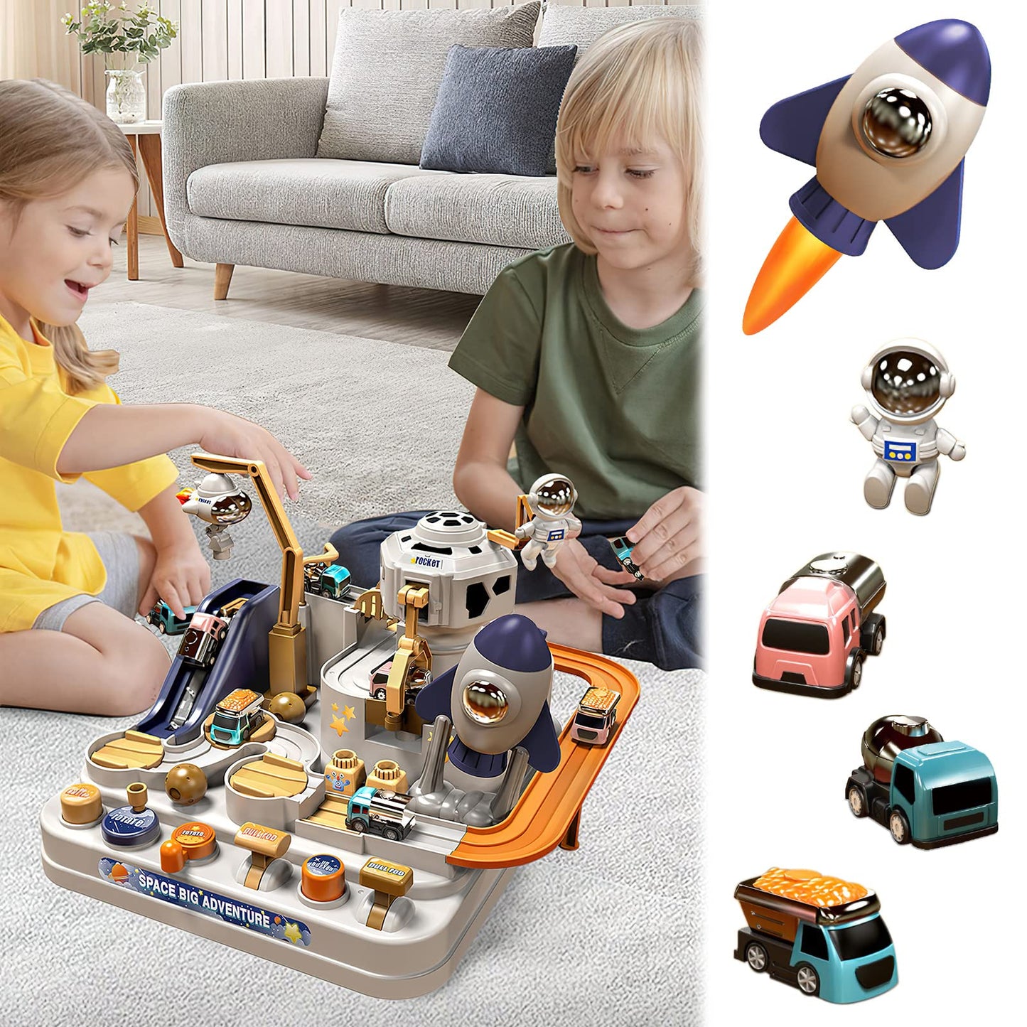 Mostop Kids Race Track Game Car Adventure Toy for 3 4 5 6 7 Years Old Boys Girls, Spaceship Puzzle Rail Track City Rescue Playset Magnet Toy Educational Learning Toddler Race Track with 3 Mini Cars