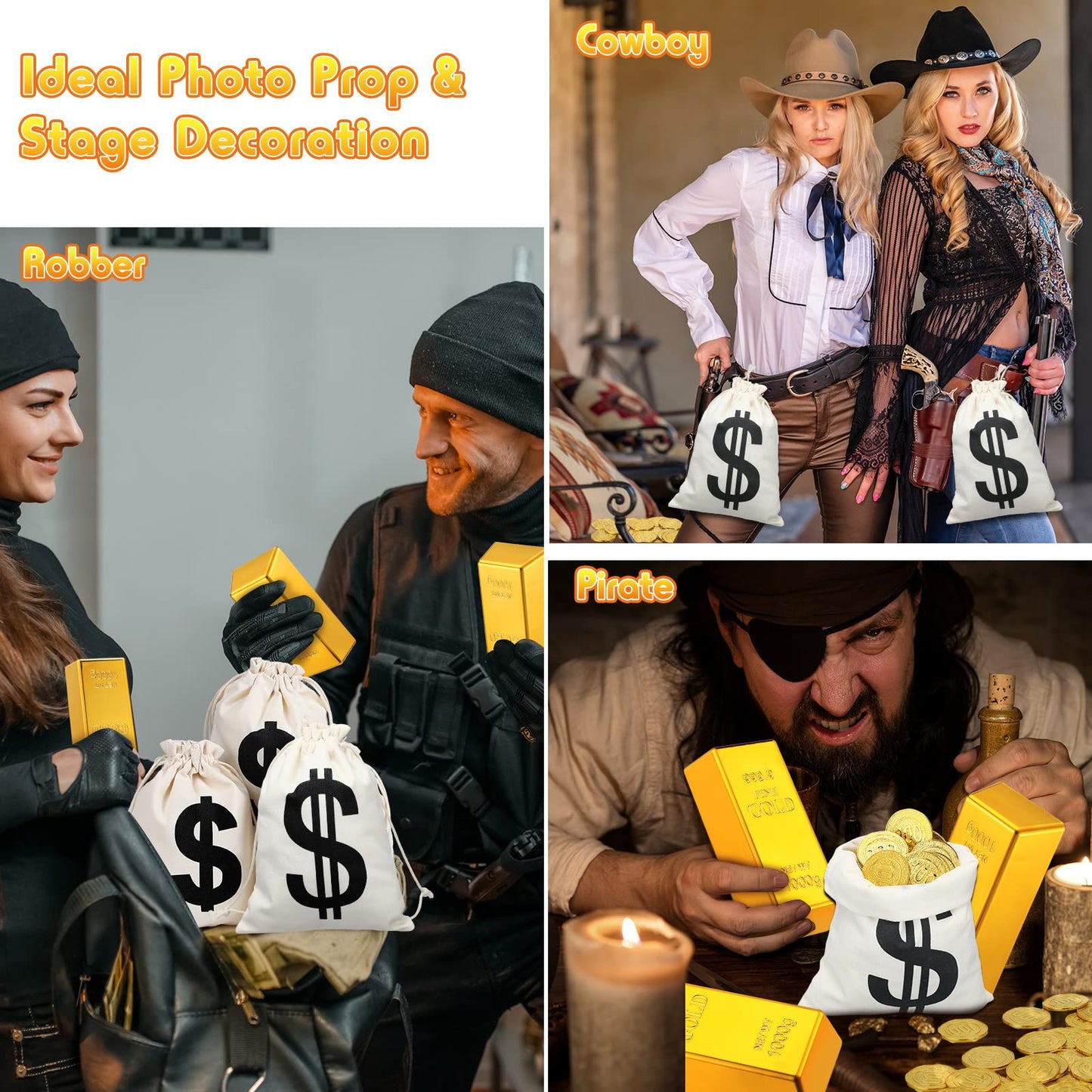 Liliful 100 Pirate Gold Coins, 6 Fake Gold Bar with 6 Canvas Money Bags Replica 6.5 Inch Fake Brick Pirate Costume Party Supplies Treasure Hunt Game Party Favors Movie Prop Money
