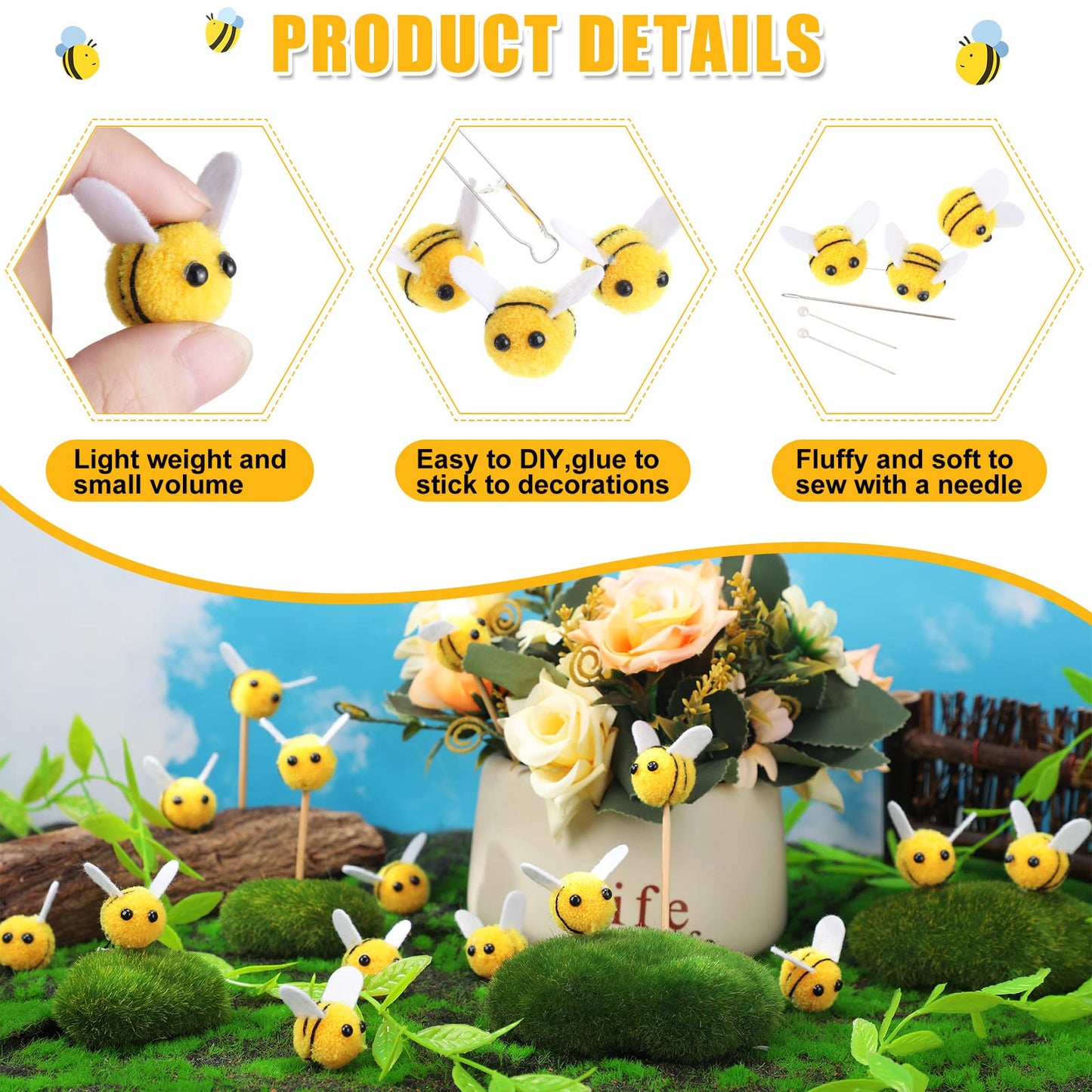 Yunsailing Felt Bees Bulk Craft Ball Bees Cute Plush Bees for Crafts DIY Baby Shower Gender Reveal Gift Bee Themed Party Decoration(100 Pcs)