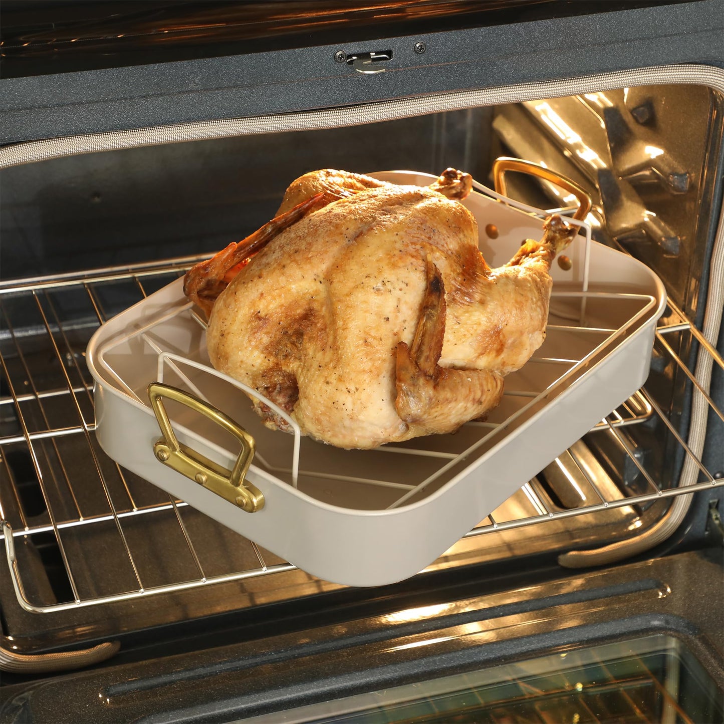 Gibson Home Broxton 2-Piece Nonstick Roaster Pan with Rack – 16 x 12 Inch Taupe Turkey Roasting Pan with Cast Aluminum Gold Handles – Oven-Safe, Easy-Clean, Holiday Cookware