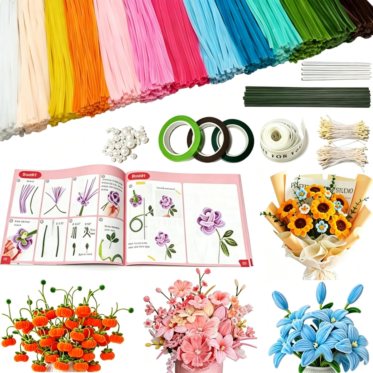 EcoSolace Pipe Cleaners Craft Kit, 650 Pieces in 13 Colors with Chenille Stems, Stamens, Pearls, Poles, Ribbon, Tape and User Manual for Flower Making, Art and Craft Supplies
