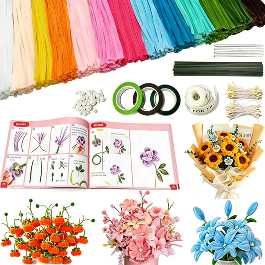 EcoSolace Pipe Cleaners Craft Kit, 650 Pieces in 13 Colors with Chenille Stems, Stamens, Pearls, Poles, Ribbon, Tape and User Manual for Flower Making, Art and Craft Supplies