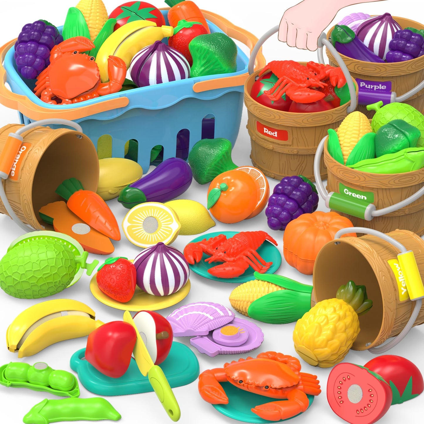 Food Toys for Kids Pretend Play Kitchen Accessories Food Sorting Toy Fake Fruits and Vegetables Set with Shopping Storage Basket Table