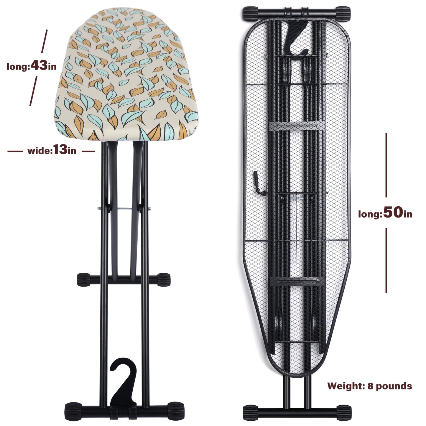 Space-Saving Ironing Board 43x13, Heat Resistant Cover, Heavy Sturdy Legs