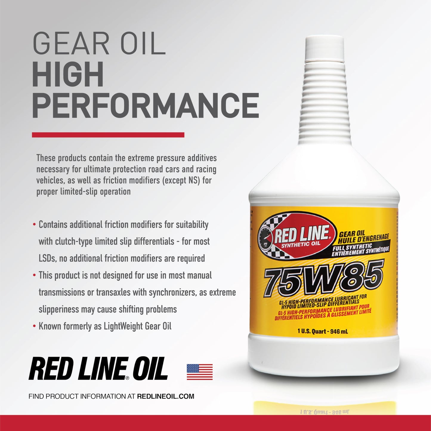 Red Line 50104 75W85 GL-5 Full Synthetic Gear Oil for Hypoid Limited Slip Differentials - 4 Quarts