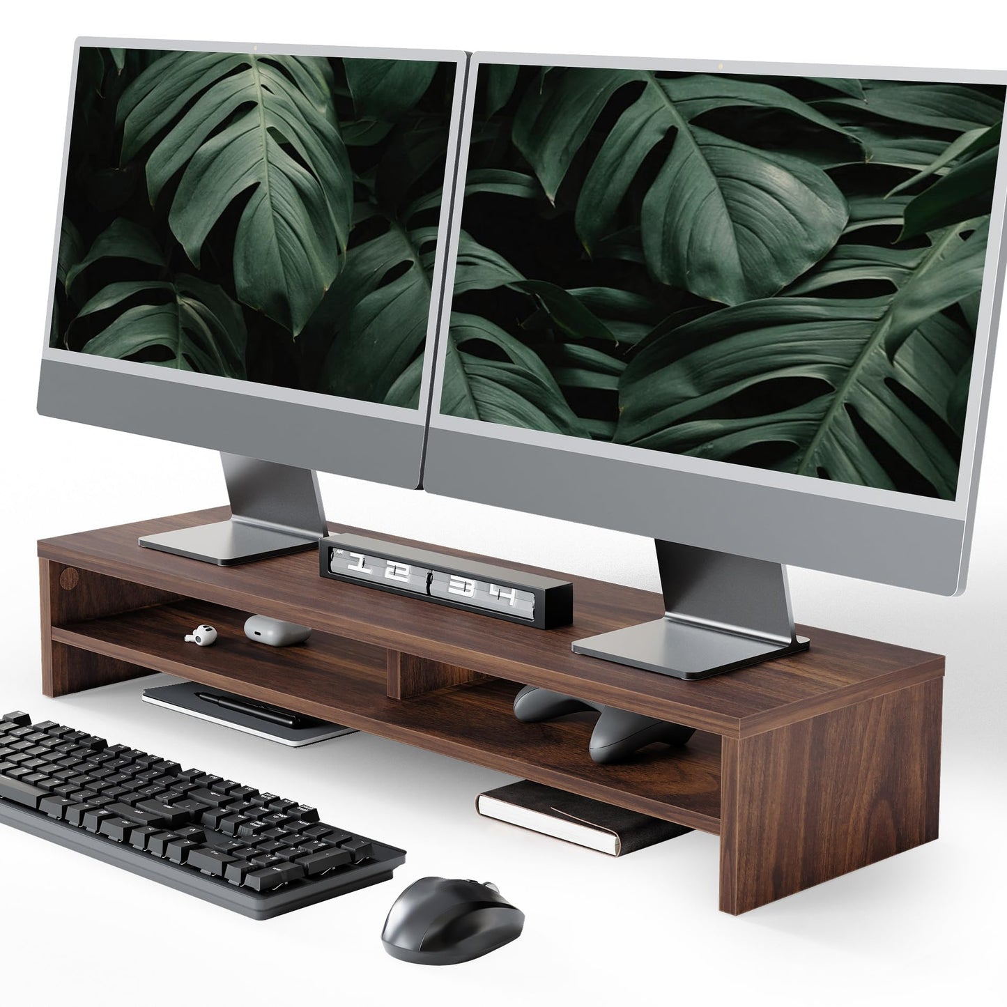 Fenge Monitor Stand, 31.5 Inch Computer Monitor Riser for Desk, 2 Tiers Wood Desk Shelf with Storage, Desktop Organizer for PC, Laptop, Screen, Printer