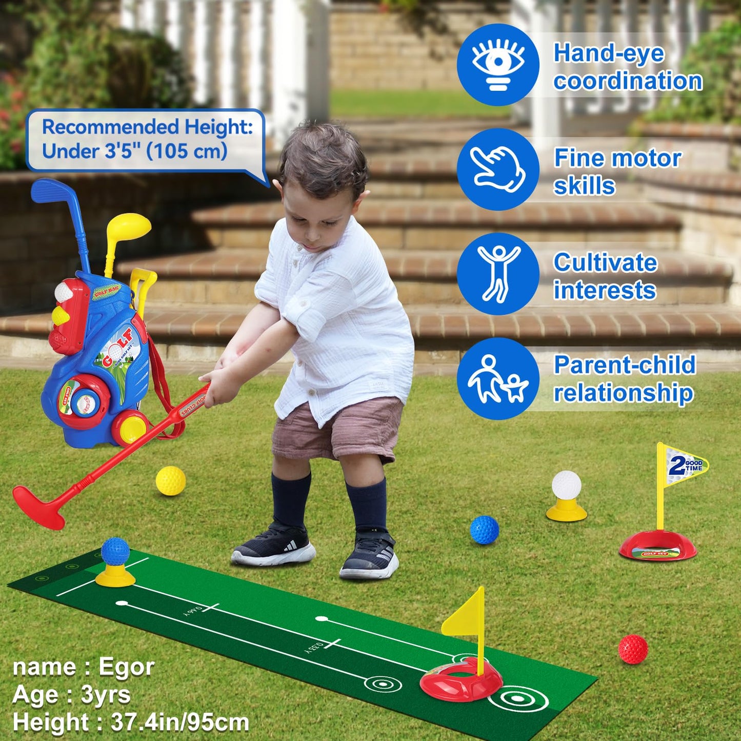 Jovizo Toddler Golf Set for Boys Girls 2 3 4 5 Years Old, Kids Golf Clubs Set with Cart & Putting Mat, Outdoor Indoor Sports Toys Birthday Gift, Blue