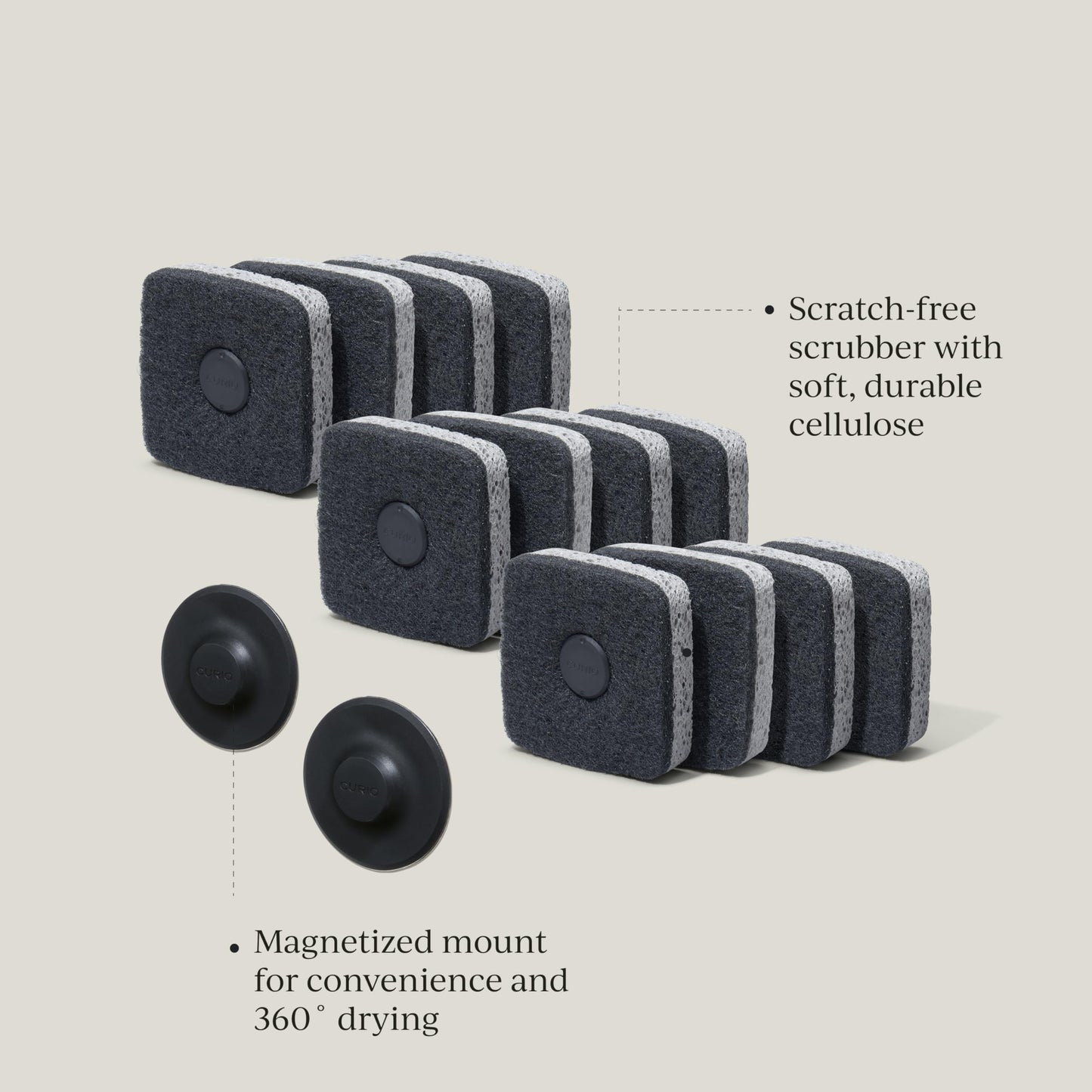 Curio Home Goods Ionic Non-Scratch Kitchen Sponge with Magnetized Holder, Dual Sided Cellulose and Scrub Pad, 12 Pack, Black/Grey