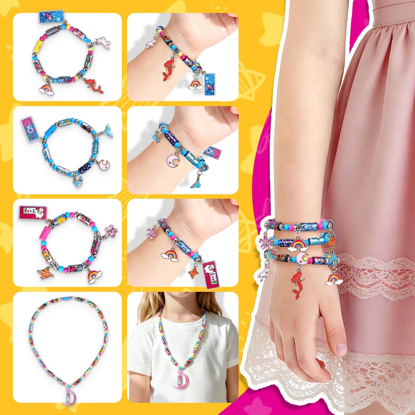 jhtigre Sticker Bracelet for Kids,Bracelet with 700pcs Shareable Sticker 14 Fun Pendants & Collection Book,Arts and Craft Stickers for Girls Birthday Gift, Jewelry Making Bracelets Kit