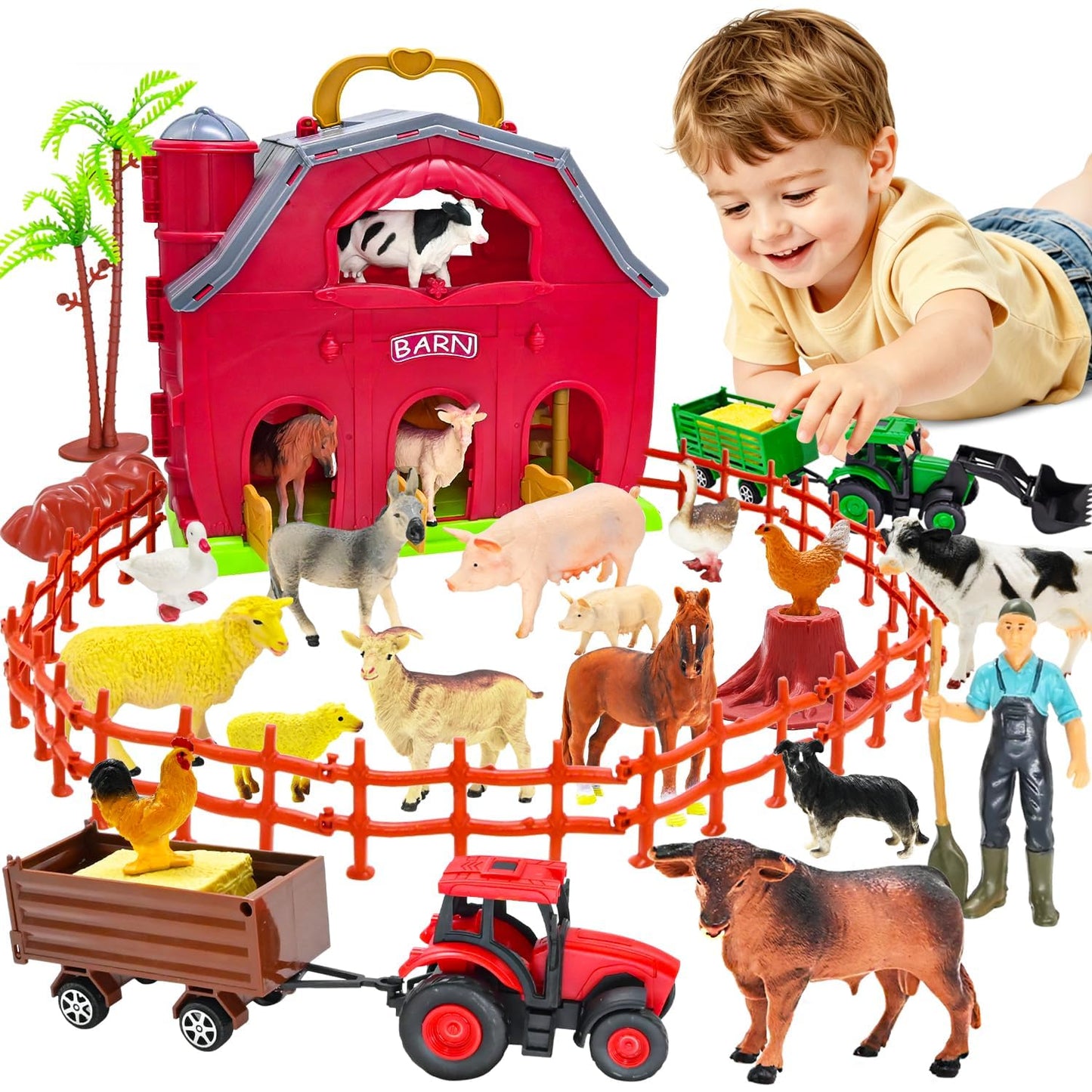 Red Barn Farm Animals Toy for Toddlers, Farm Figures Farmer Toy Truck with Trailer Preschool Learning Toys Christmas Birthday Gift for Boys Girls