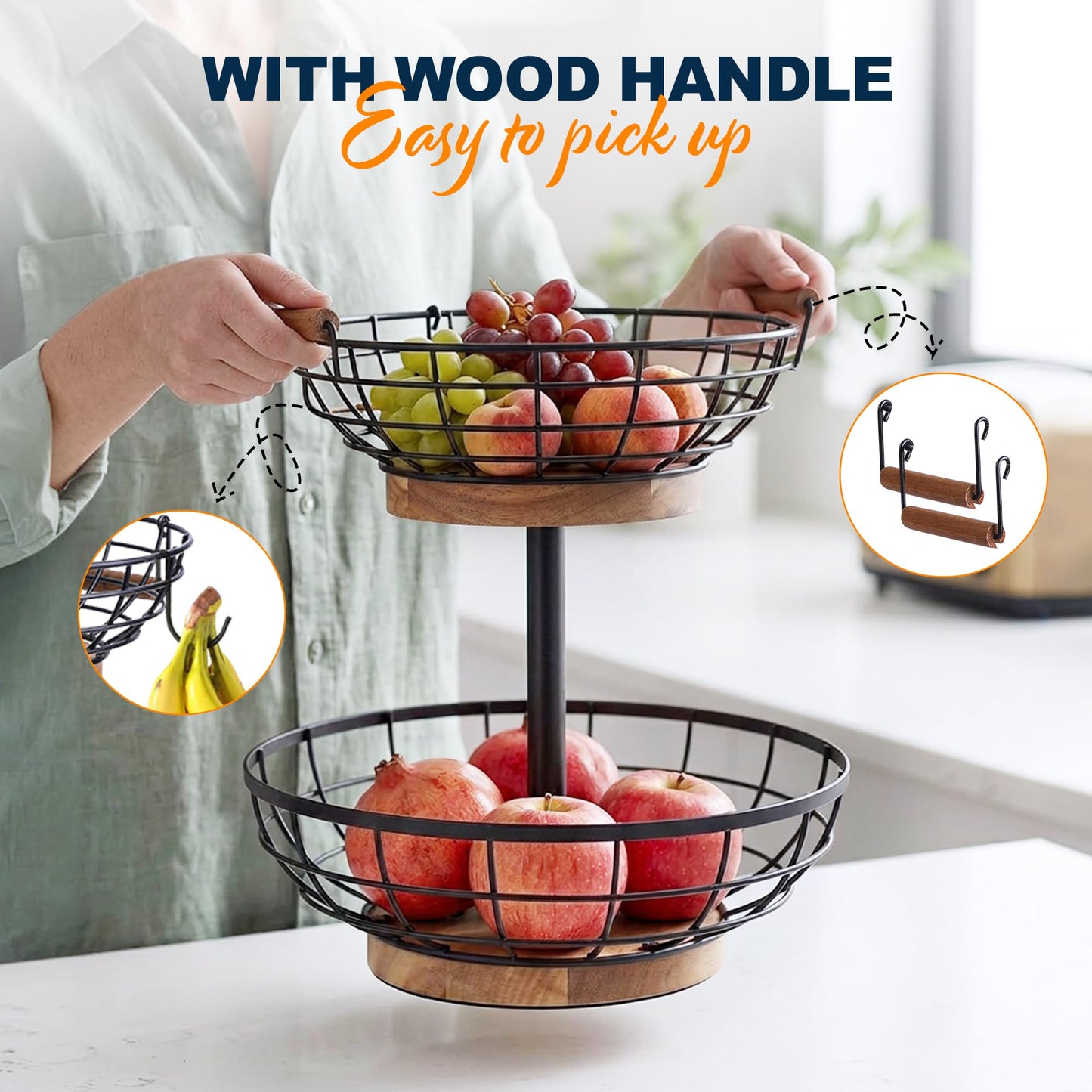 MILENTII 2 Tier Fruit Basket with Banana Hanger, Metal Fruit Bowl Stand with Wooden Base, Kitchen Counter Fruit Organizer for Vegetables, Bread, Snacks Storage Basket