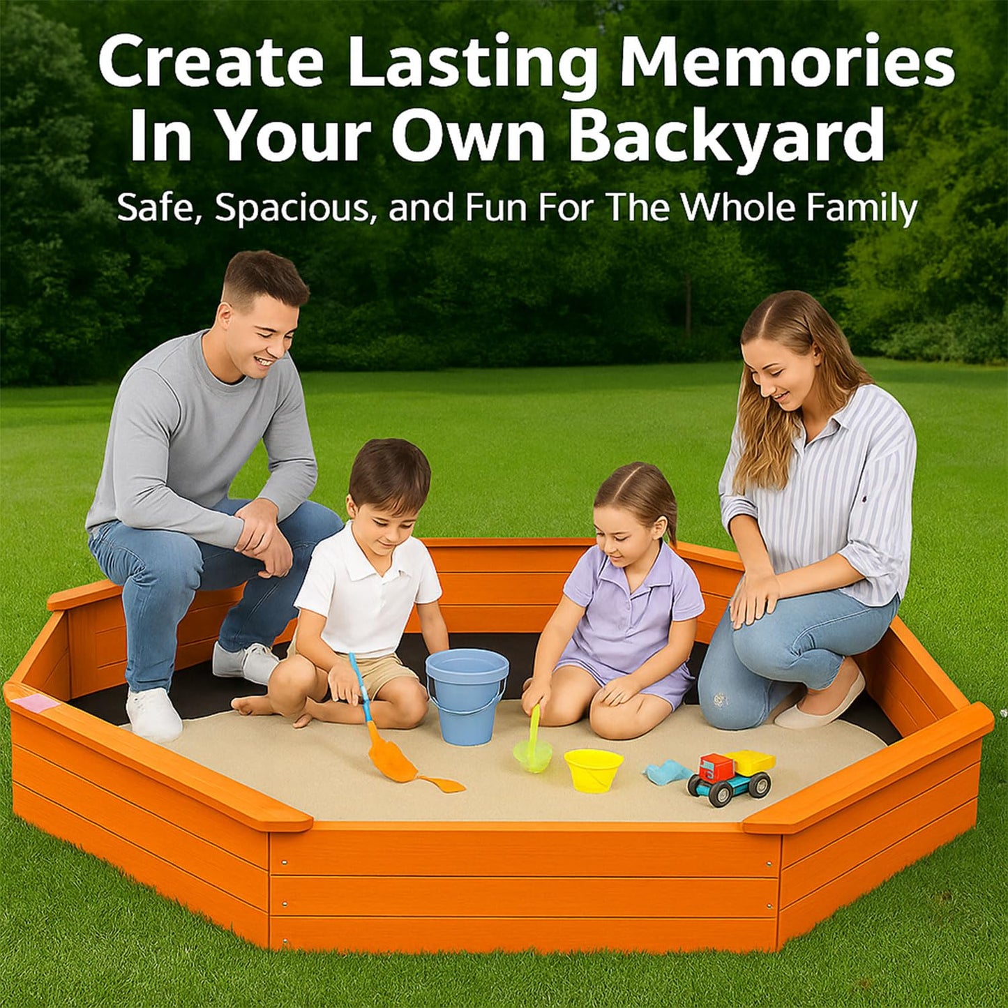 84"x78" Octagon Wooden Sandbox with Waterproof Cover & Liner, Large Outdoor Sandpit with Benches, Fir Wood Sand Box for Kids Backyard Play, Weather-Resistant,Golden red
