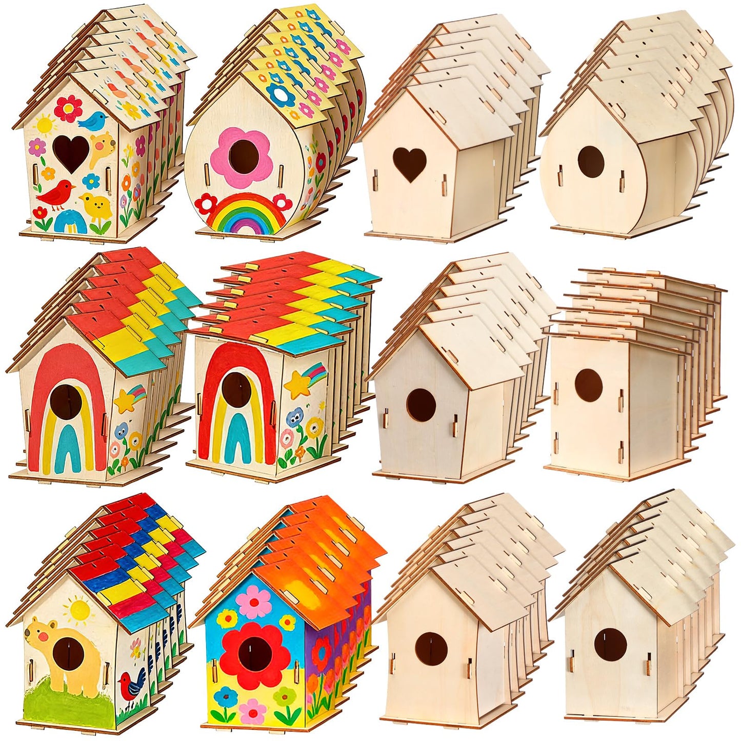 Amyhill 48 Pack Wooden Bird Houses Set for DIY Crafts Bulk Spring Unfinished DIY Wood Birdhouses to Paint Build Art Painting Bird House Hanging Spring Ornaments for Tree Crafts Party Gifts