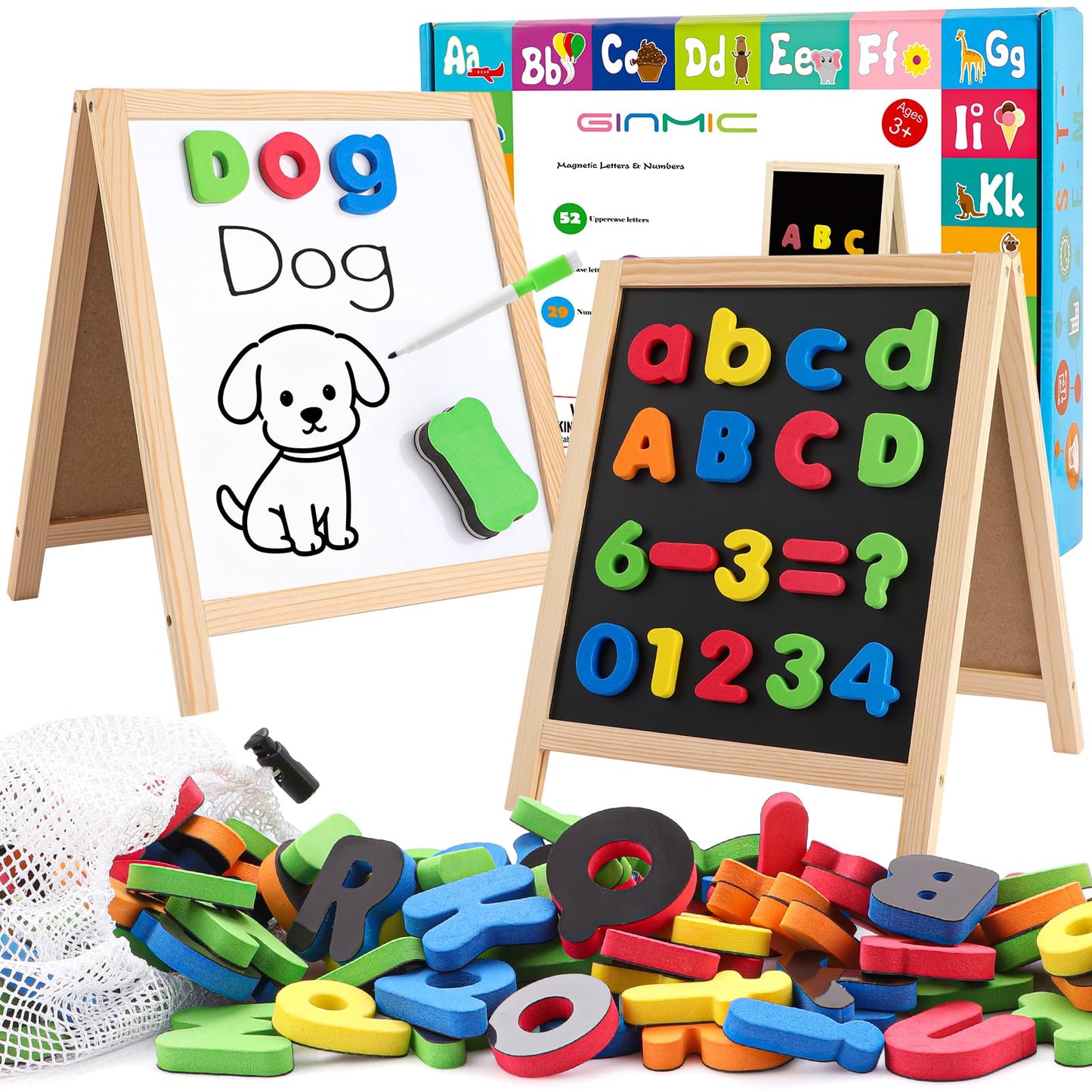 GINMIC Magnetic Letters and Numbers with Easel for Kids/Toddlers, Magnetic Whiteboard & Chalkboard w/Dry Erase Markers, ABC Magnets Alphabet Letters Learning Set, Classroom Home Education Toys