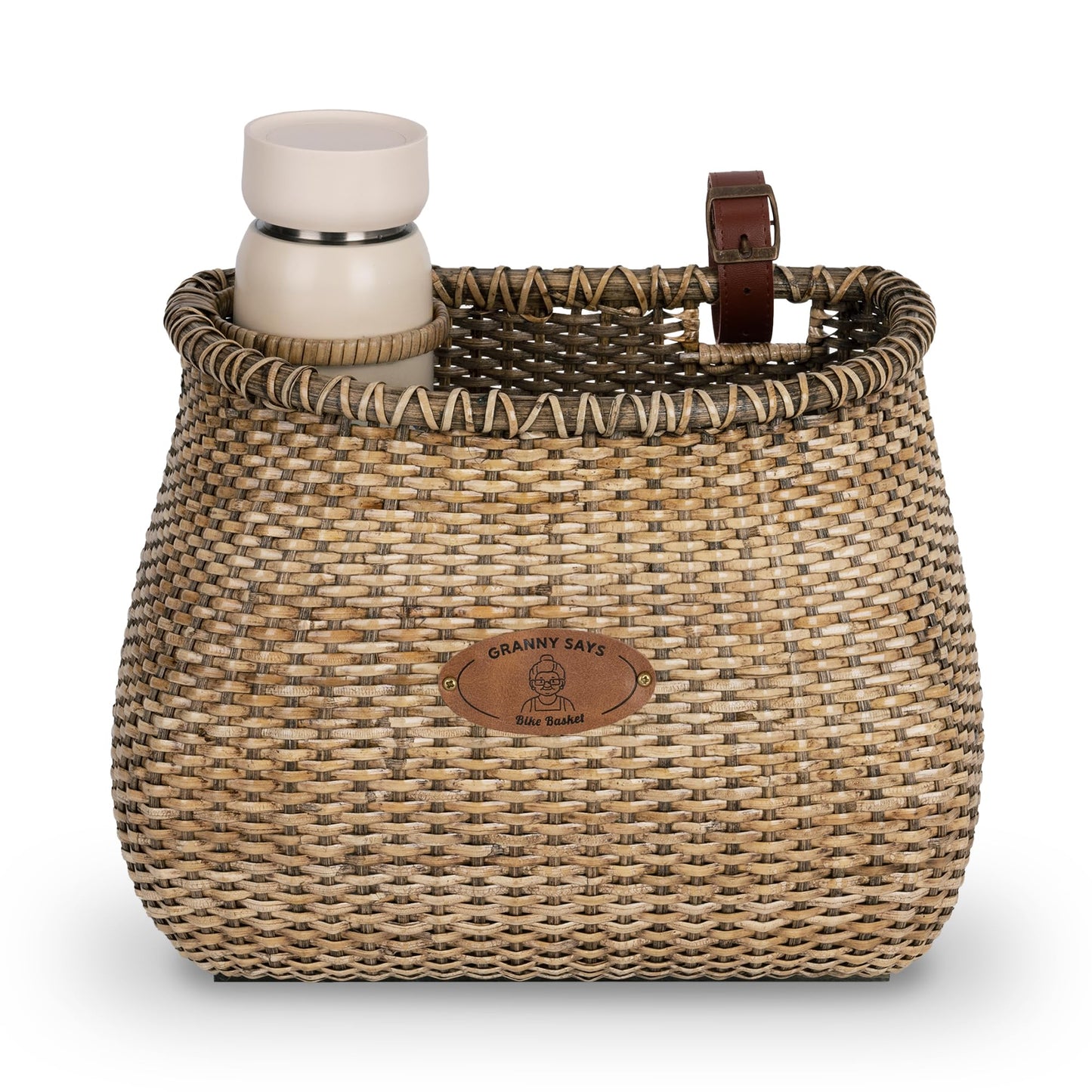 GRANNY SAYS Bike Basket Front, Natural Rattan Wicker Bike Baskets, Bicycle Basket with Cup Holder, Handmade Woven Bike Baskets for Women and Men, Storage Basket for Beach Cruisers, Ebikes Set of 1