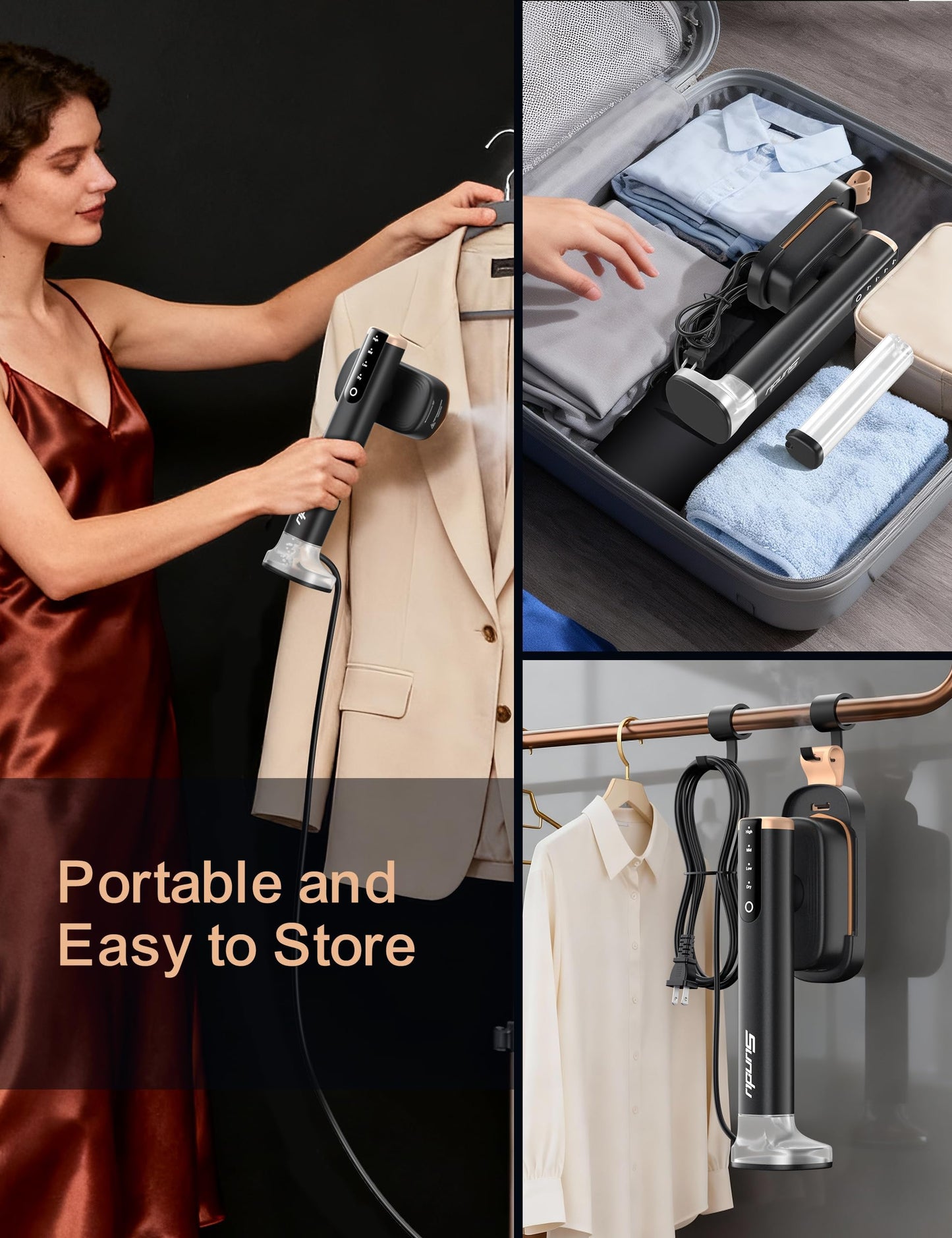 Sundu Travel Steamer for Clothes, Portable Handheld Garment Steamer, 15s Fast Heat-up, 2 Water Tanks (180 ml +100 ml), 25 Minutes of Continuous Ironing for Travel,Home Black