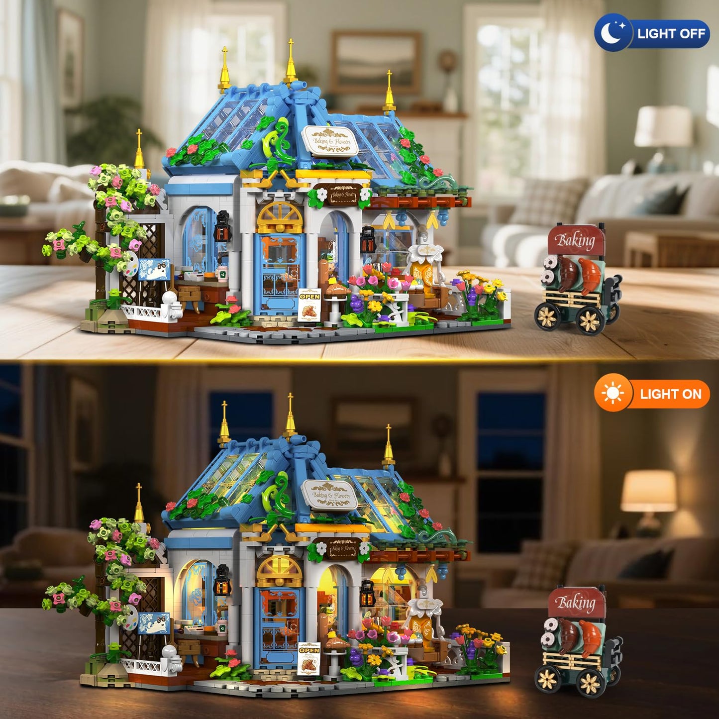 PLAXSOON Flower Café House Building Set with LED, 1520 PCS Botanical Coffee Architecture with Openable Design, Floral Bakery Construction Model for Home Decor, Gift for Adults Women Teens Girl Boy 12+