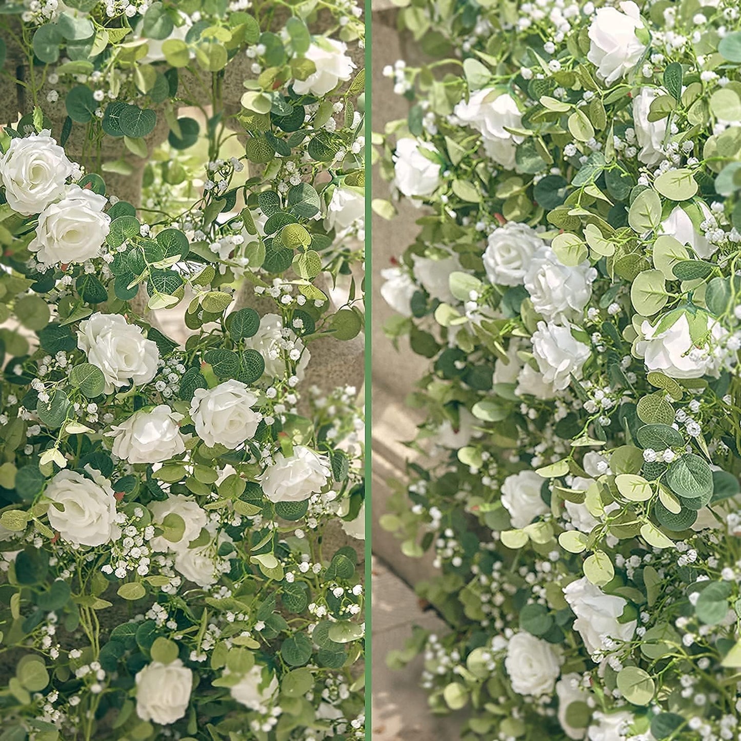 Anna's Whimsy 2PCS 5.91FT Artificial Eucalyptus Garland with Flowers, Fake Rose Gypsophila Garland, Faux Floral Greenery Garlands for Wedding Spring Home Party Table Runner Decor（White）