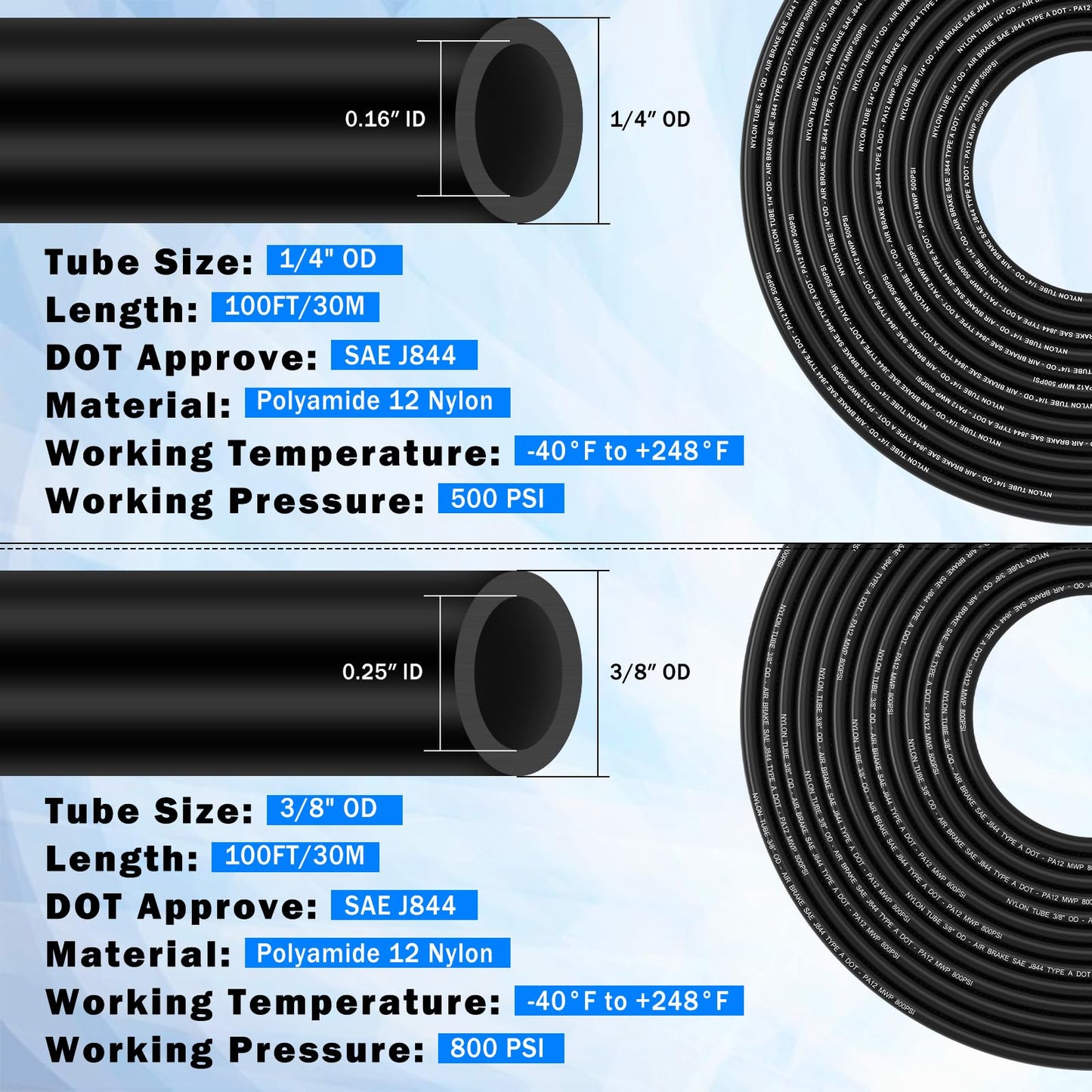 XaXmTee 90 Pcs DOT Air Line with Quick Connect Air Fittings Kit 2 Roll 100FT 1/4" and 3/8" DOT Air Lines Kit with 88 Pcs Push Lock Air Line Fittings Pneumatic Push to Connect Air Hose Fitting