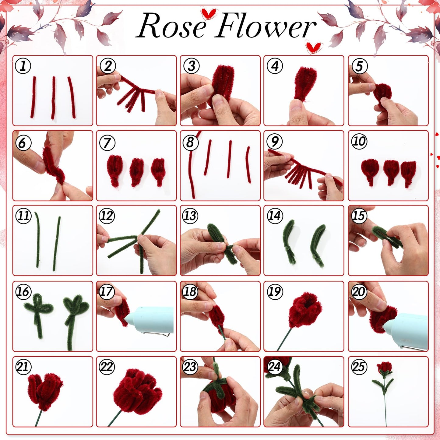 DaisyInner 500 Pcs Tulip Pipe Cleaners Flower Making Kit DIY Craft Supplies with Red & Green Chenille Stems, Floral Wires, Stamens, Glue Sticks for Handmade Bouquet, Art Projects, Home Decor