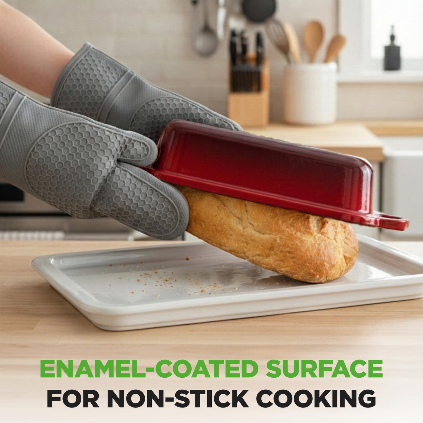 NutriChef 9x5" Enameled Cast Iron Loaf Pan with Lid, Enamel-Coated Baking Loaf Pan for Sourdough, Oven Safe, Nonstick Bread Pan with Silicon Gloves, Dishwasher Safe, Red