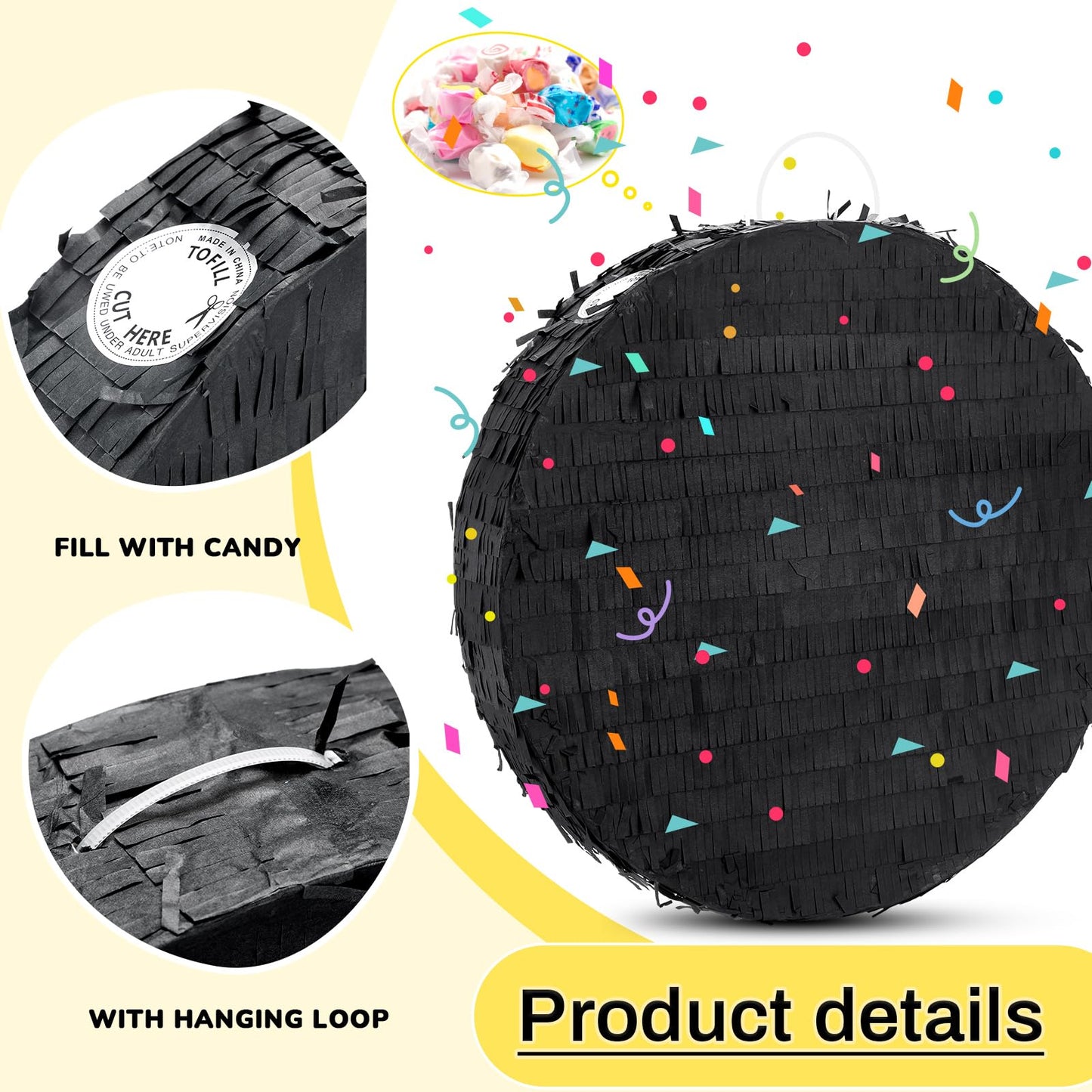 Jenaai 16 Round Blank Piñata with Piñata Stick Bat Blindfold and Confetti for Adults Kids Boys Girls Birthday Carnival Party Supplies to DIY and Create Your Own Piñata(Black)