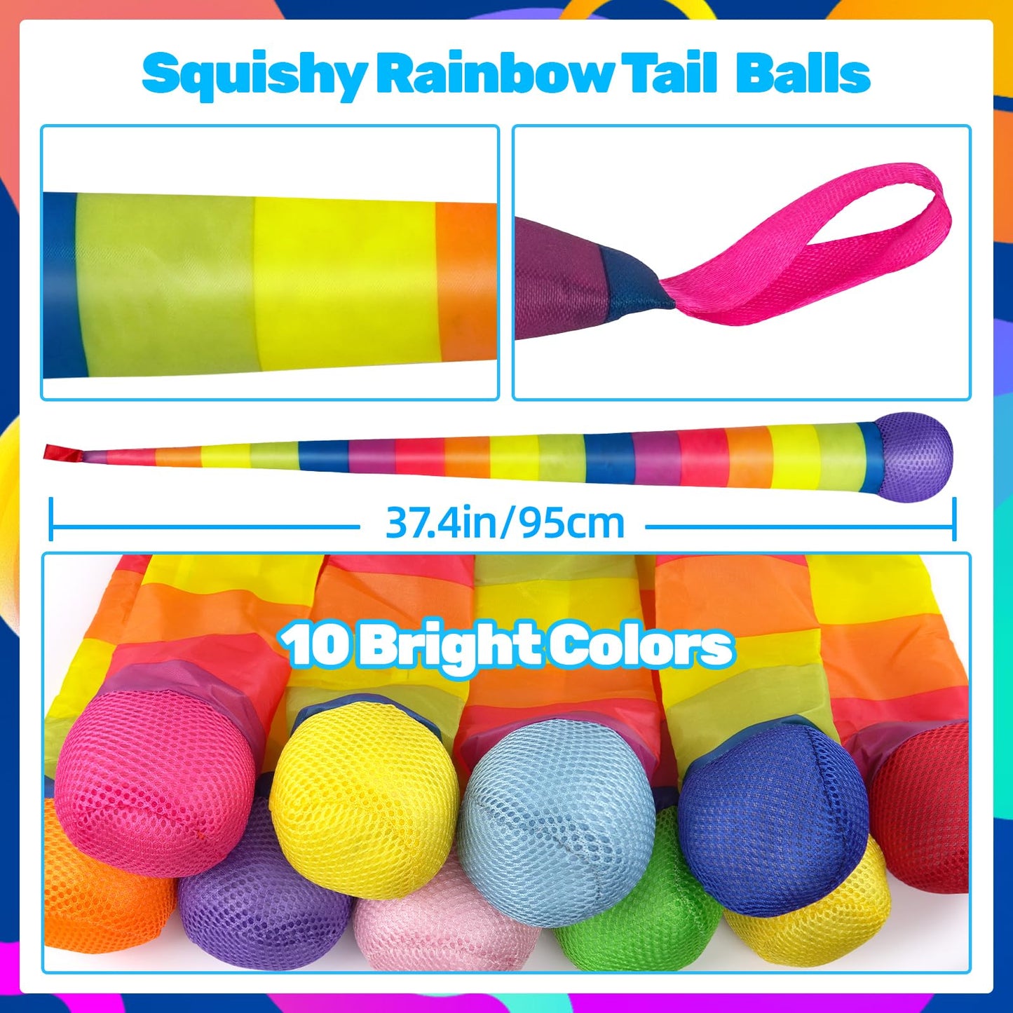 Wholelovein Rainbow Tail Shooting and Catching Balls 95cm Soft Toy for Kids Outdoor Learning Equipment Leisure Games 10 Pack