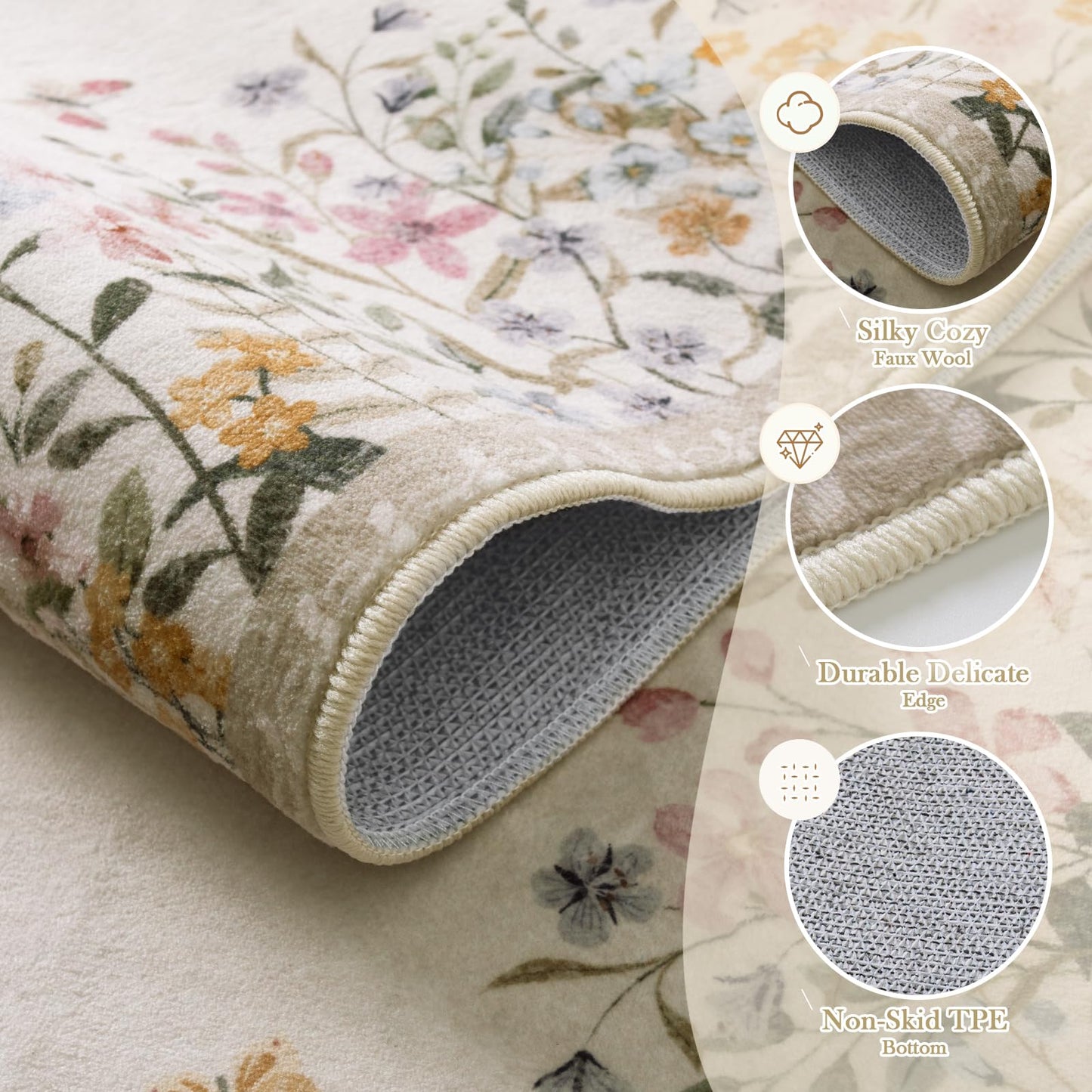 Wonnitar 5x7 Area Rug for Living Room, Floral Washable Rug for Bedroom, Boho Botanical Nursery Rug, Non Slip Soft Farmhouse Carpet, Beige Kids Playroom Decor (5x7 Beige)