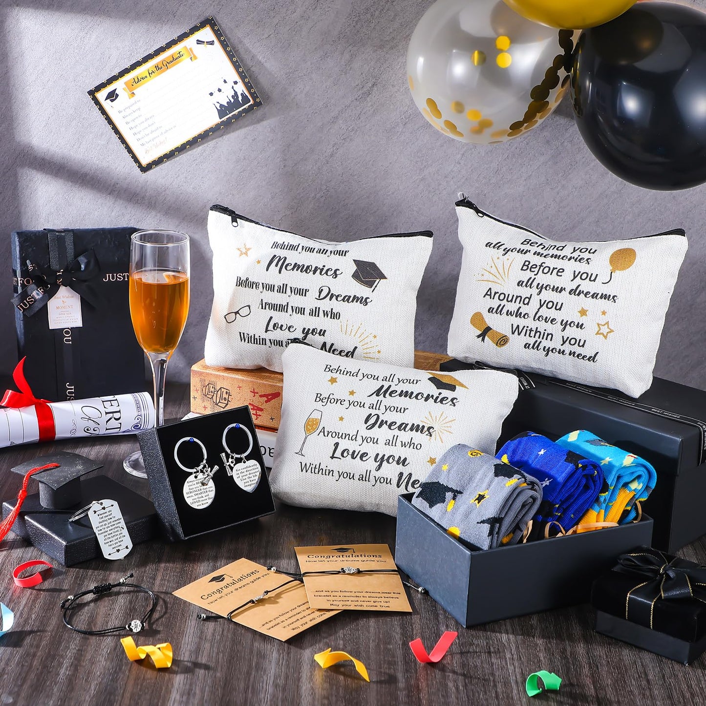Jiuguva 24 Pcs Graduation Gifts Set Include 6 Graduation Socks 6 Graduation Makeup Bags 6 Graduation Keychains 6 Graduation Compass Wristbands Congrats Grad Class of 2025 Graduation Gift for Her Him