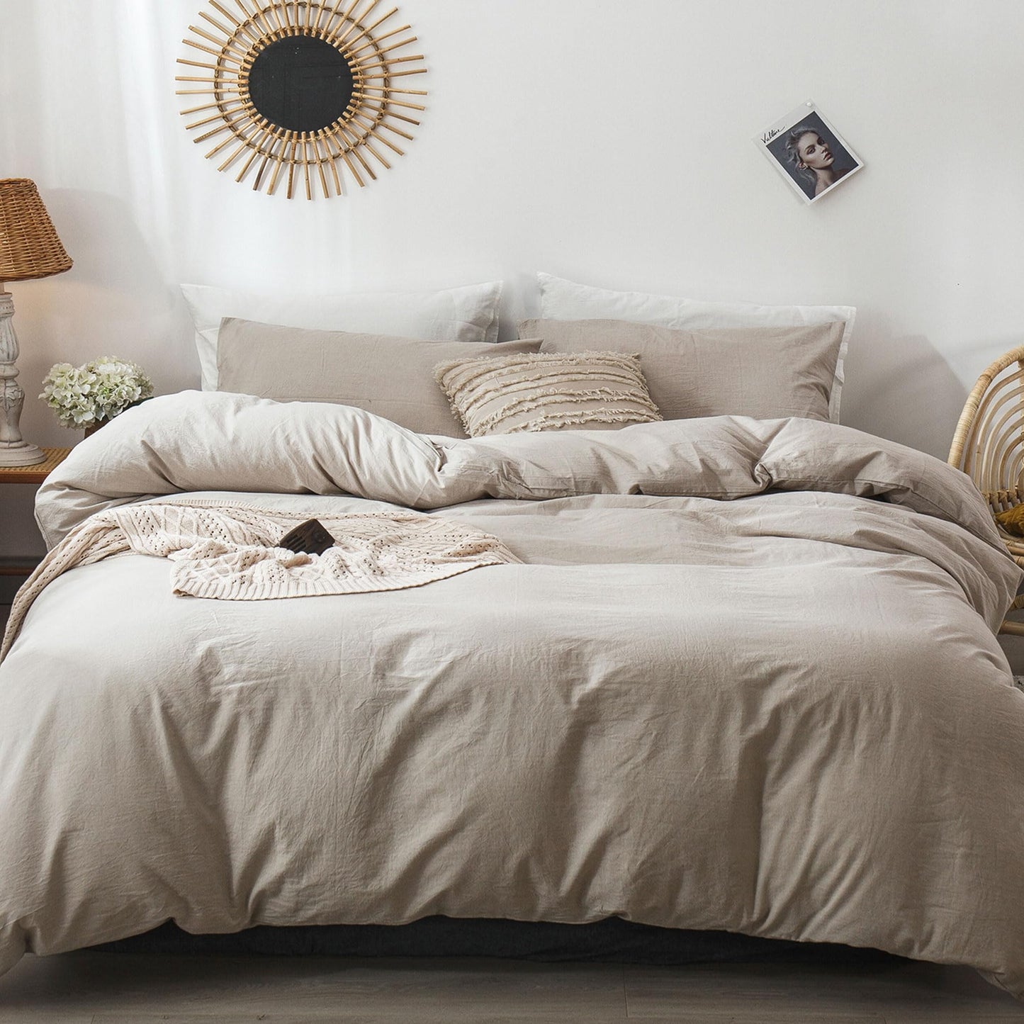 MooMee Bedding Duvet Cover Set 100% Washed Cotton Linen Like Textured Breathable Durable Soft Comfy (Heathered Tannish Linen Grey, King 104"x90")